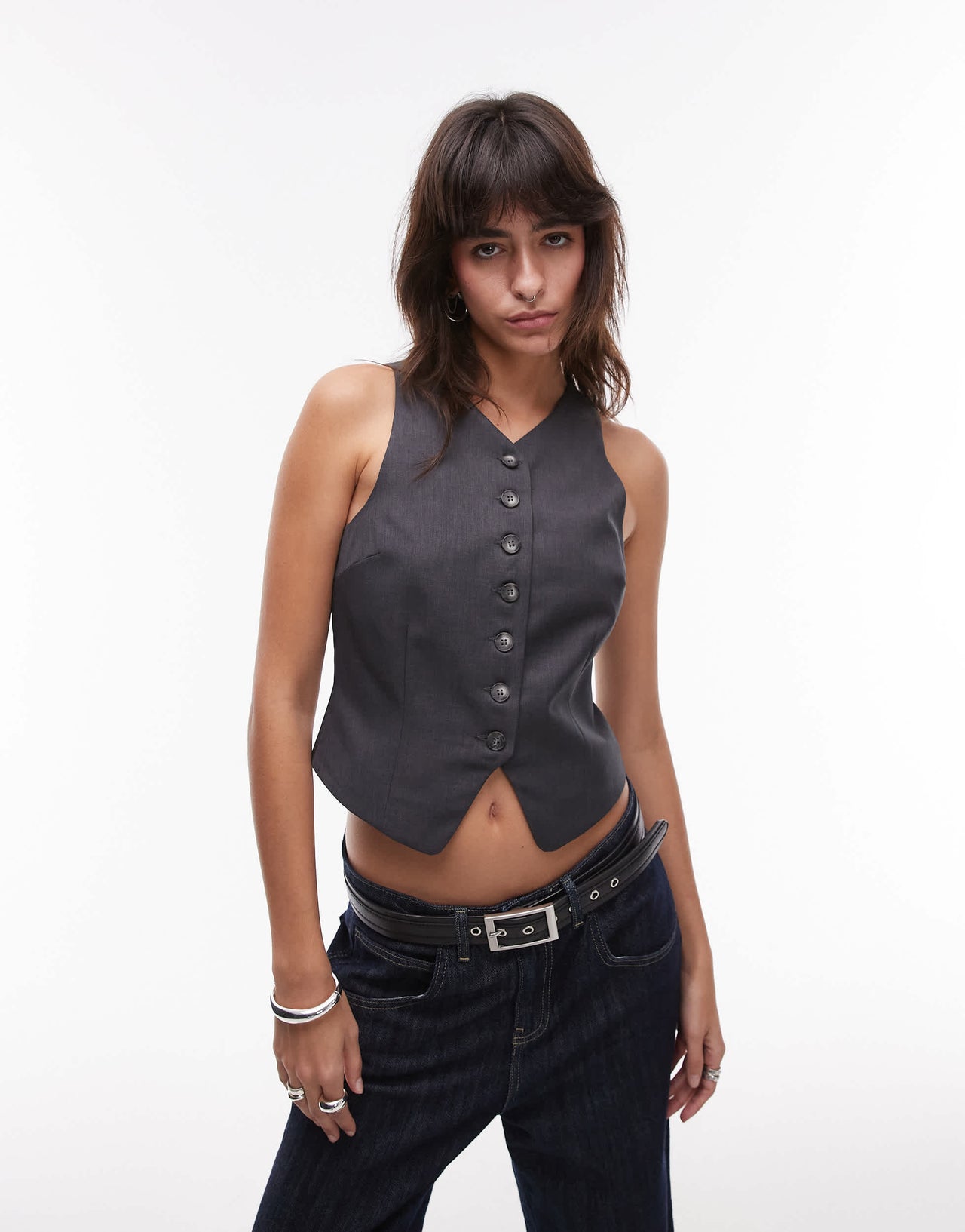 Topshop high neck cropped waistcoat in charcoal