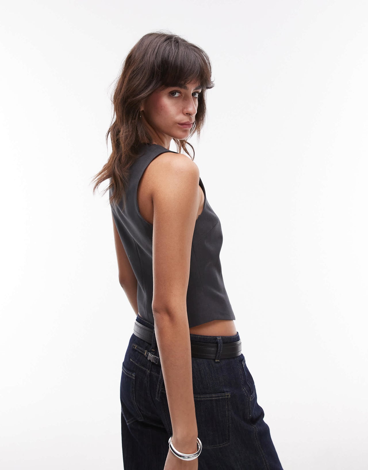 Topshop high neck cropped waistcoat in charcoal