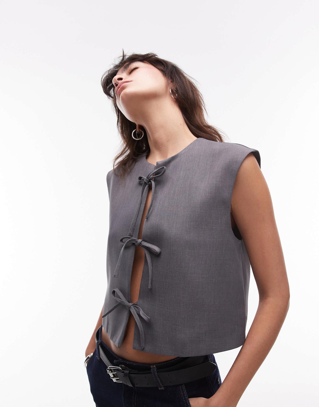 Topshop tie front cropped waistcoat in grey marl
