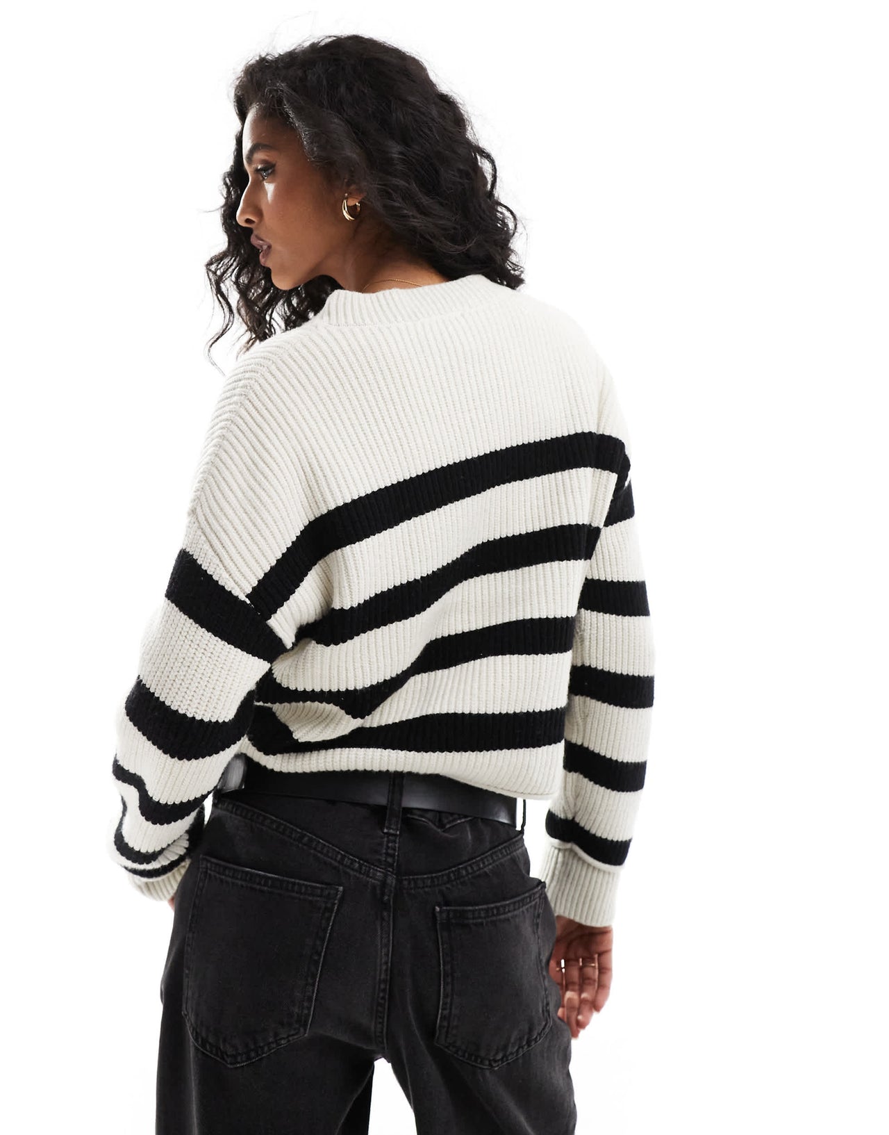 Pull&Bear ribbed knitted jumper in black and sand stripe