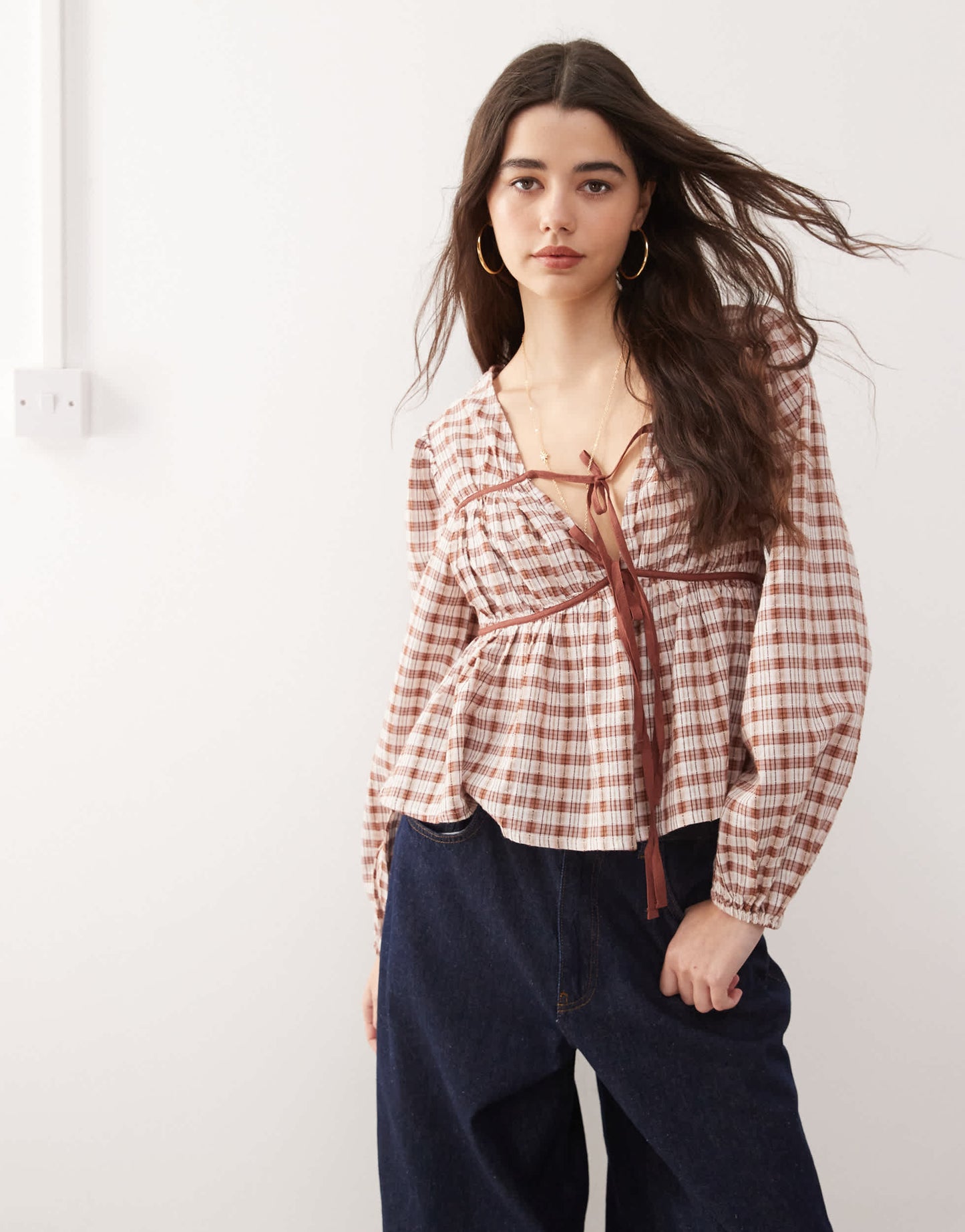 Reclaimed Vintage smock top with ruching detail in brown check