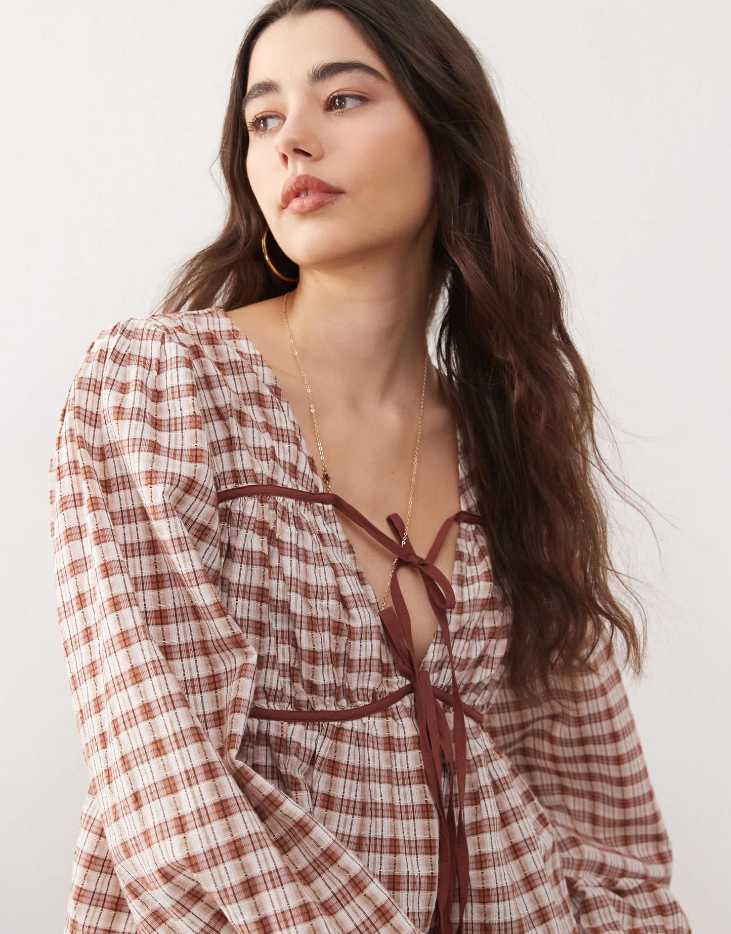 Reclaimed Vintage smock top with ruching detail in brown check