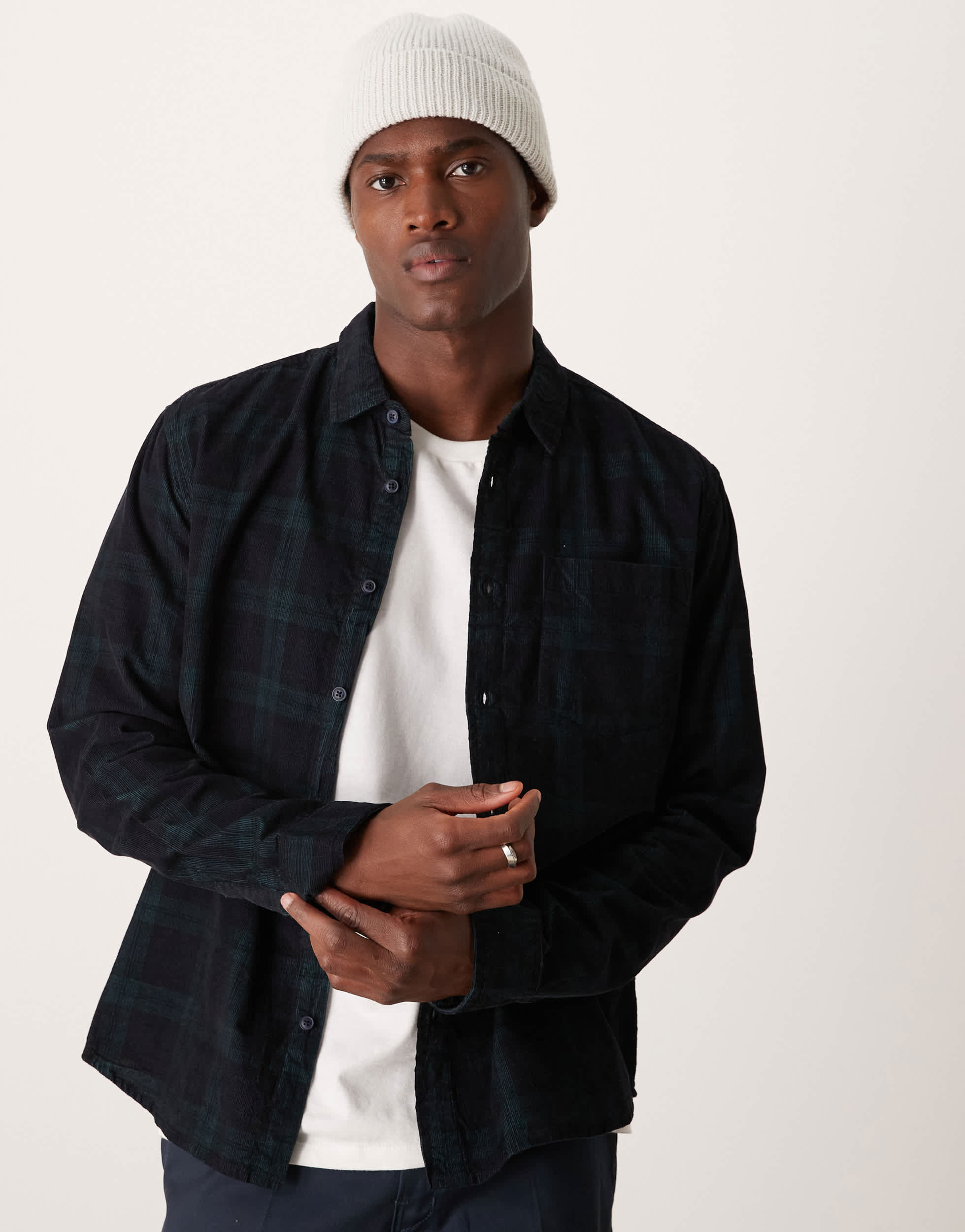 New Look cord check shirt in green and navy