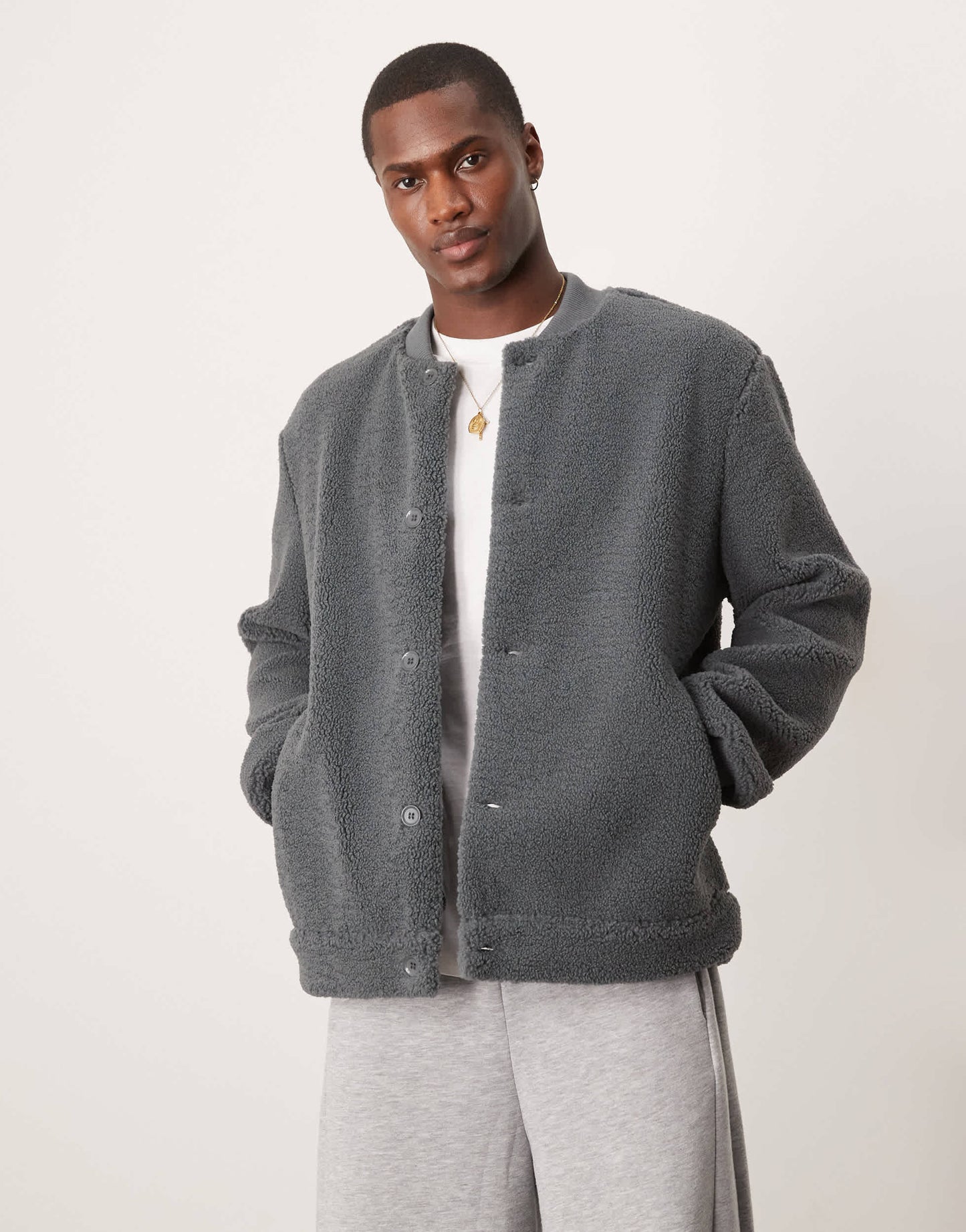 New Look oversized borg bomber jacket in dark grey