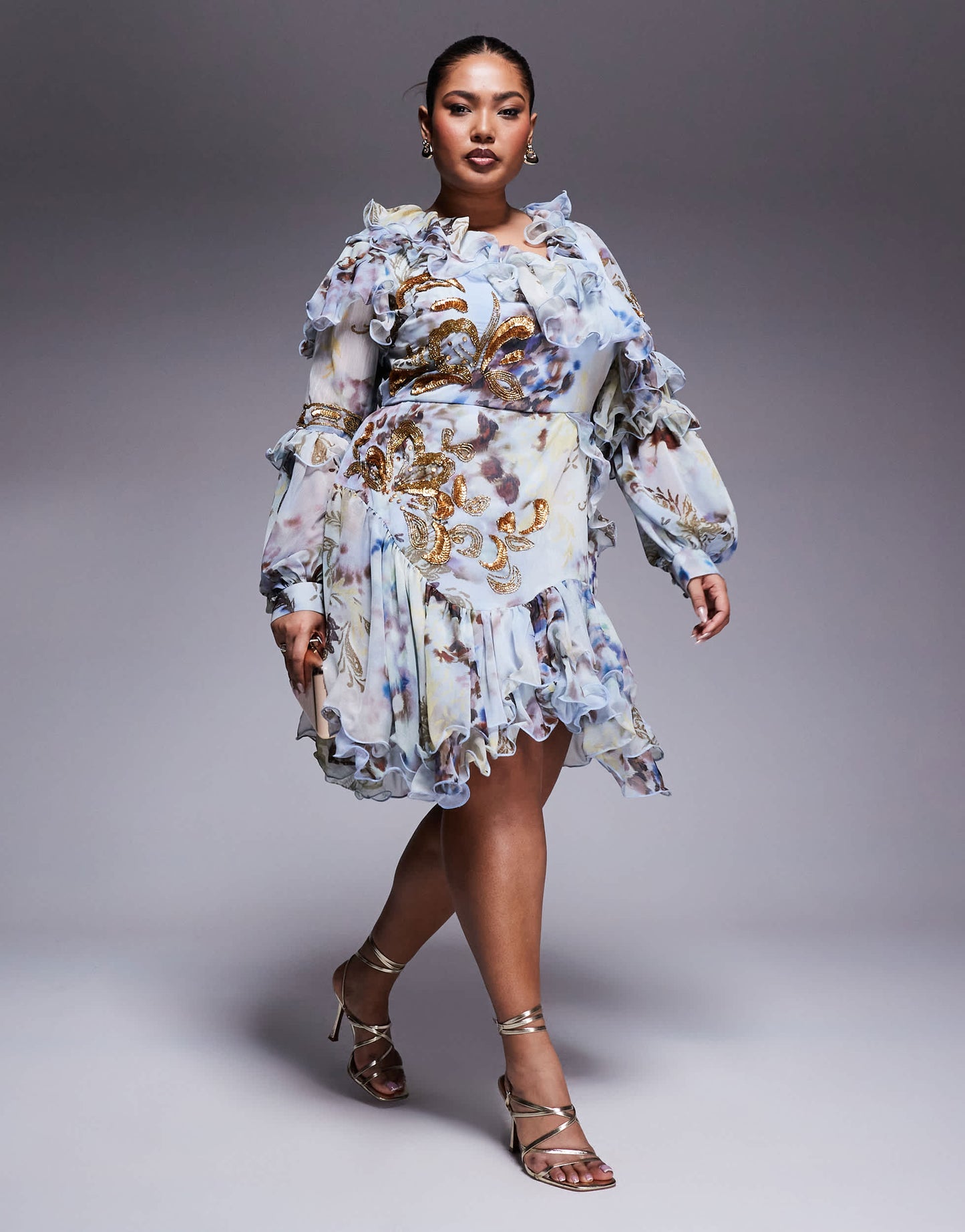 ASOS LUXE Curve organza and chiffon printed asymmetrical mini dress with embellishment in blue western floral