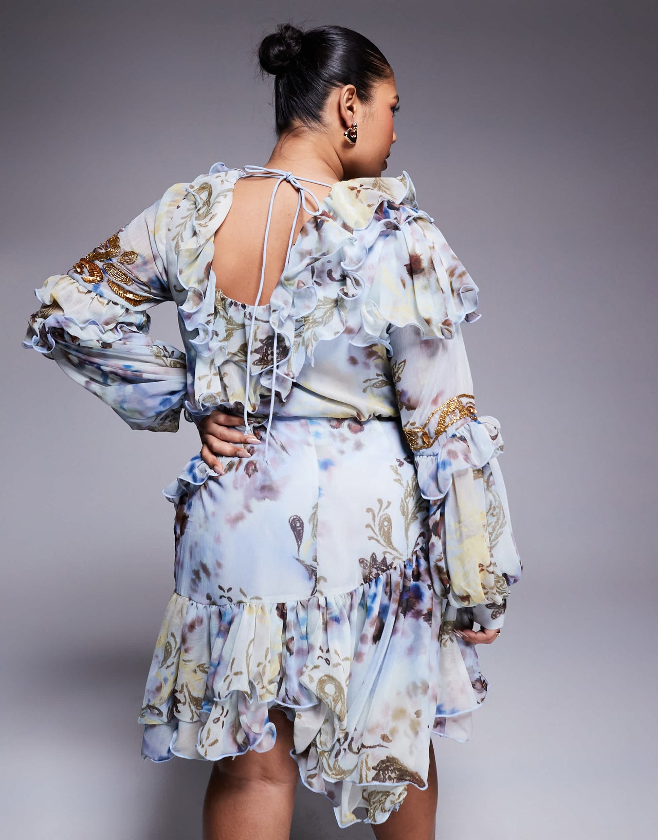 ASOS LUXE Curve organza and chiffon printed asymmetrical mini dress with embellishment in blue western floral