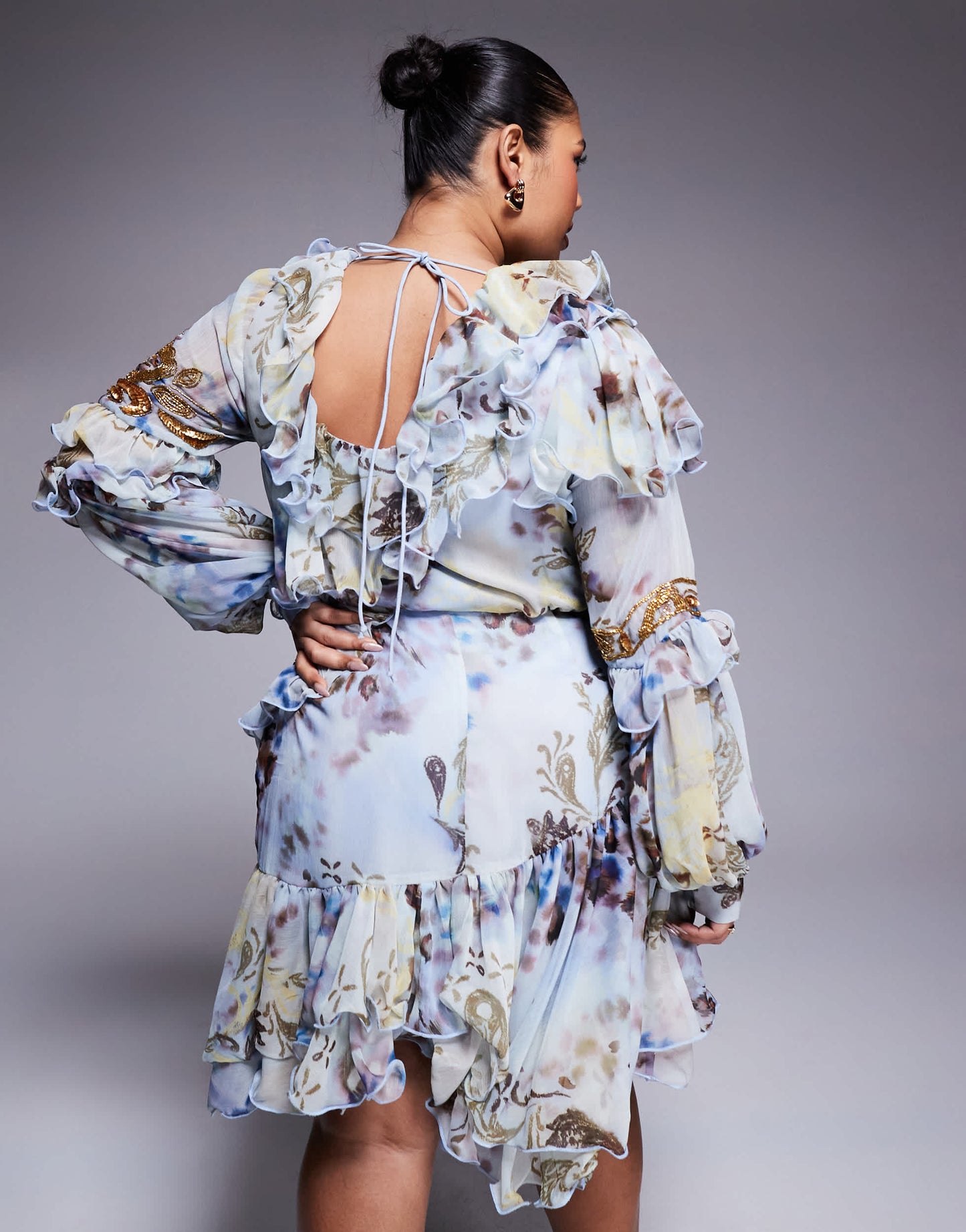 ASOS LUXE Curve organza and chiffon printed asymmetrical mini dress with embellishment in blue western floral
