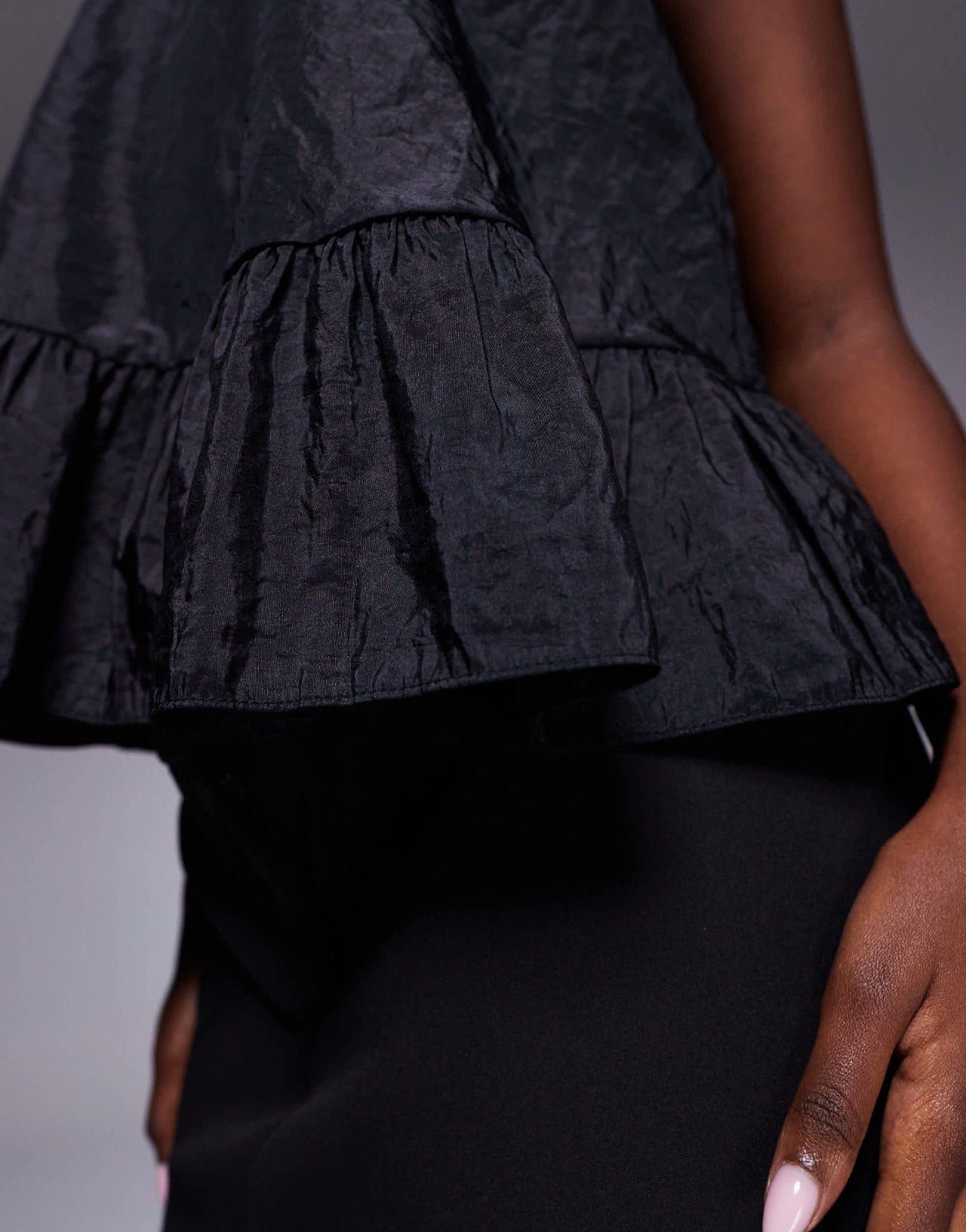 ASOS DESIGN halter neck ruffle hem taffeta smock top in black