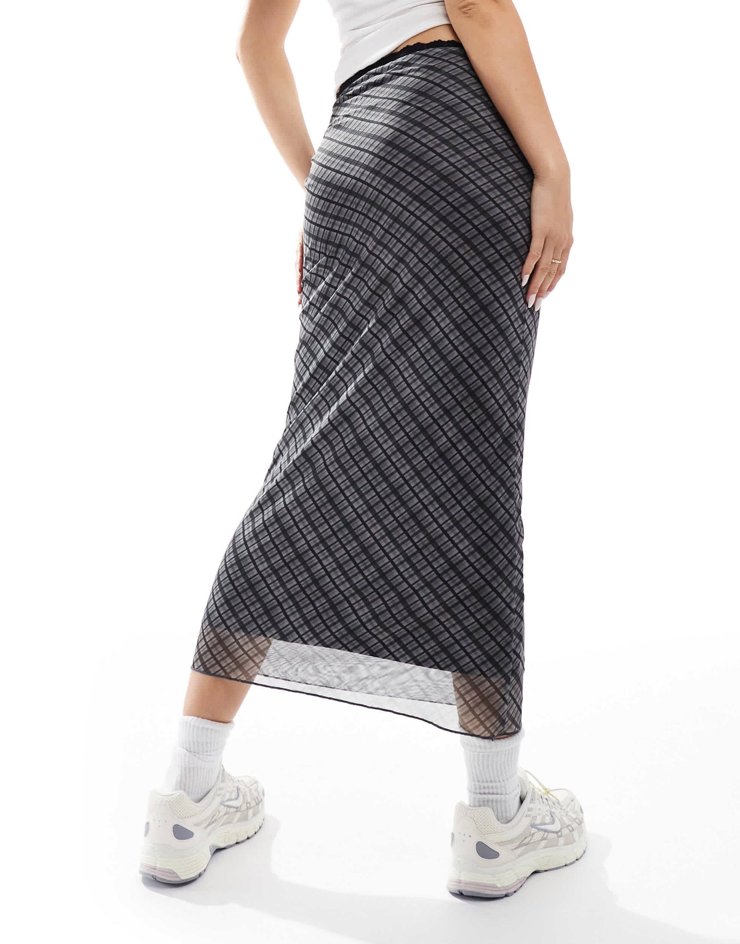 Pull&Bear lace trim mesh maxi skirt in blue check