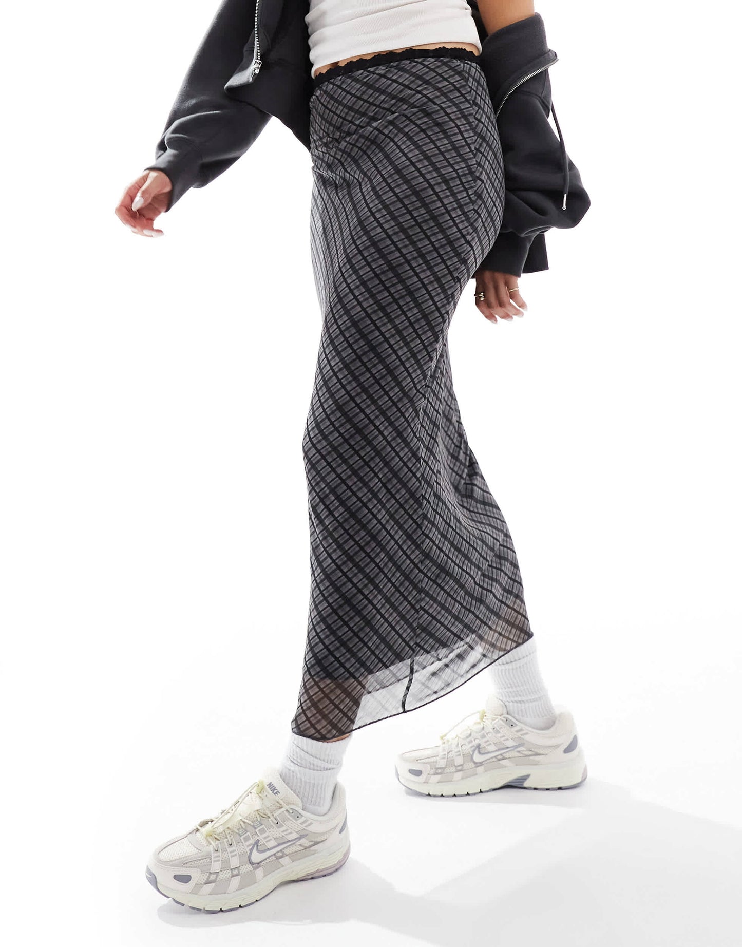 Pull&Bear lace trim mesh maxi skirt in blue check