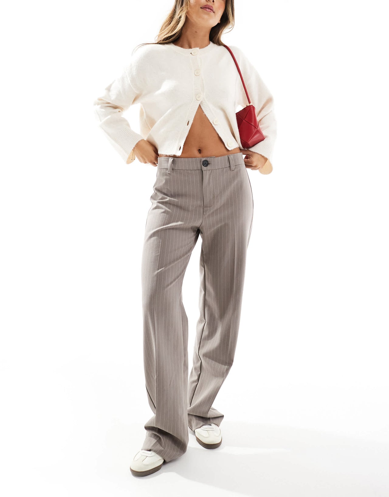 Pull&Bear high waisted tailored trouser in beige stripe