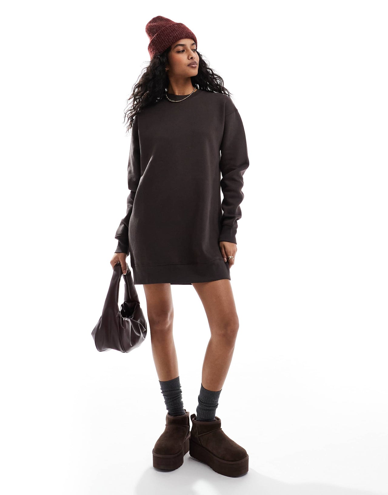 Pull&Bear oversized sweat dress in chocolate brown