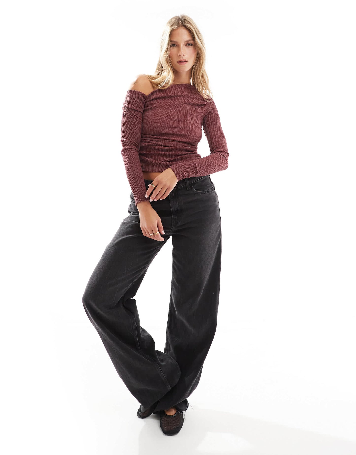 Pull&Bear textured asymmetric neck top in burgundy