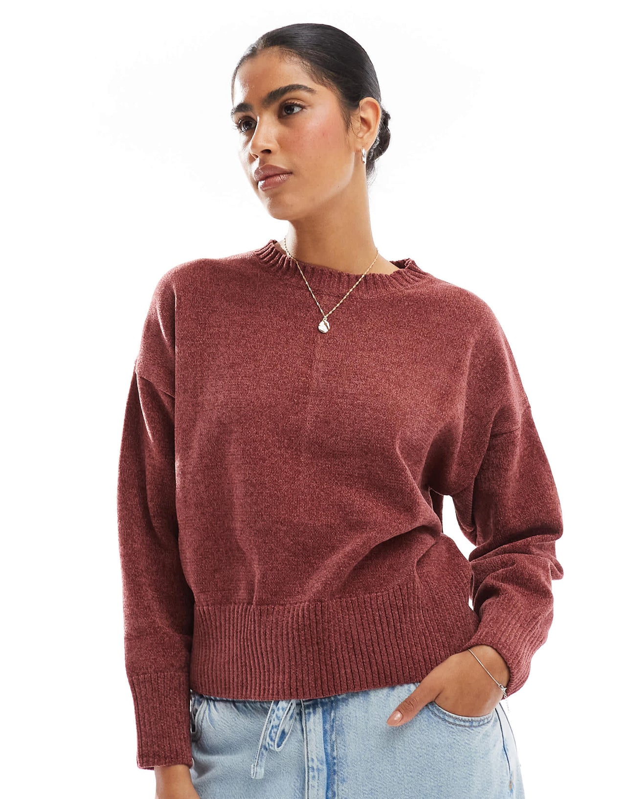 Pull&Bear chenille knitted jumper in burgundy red