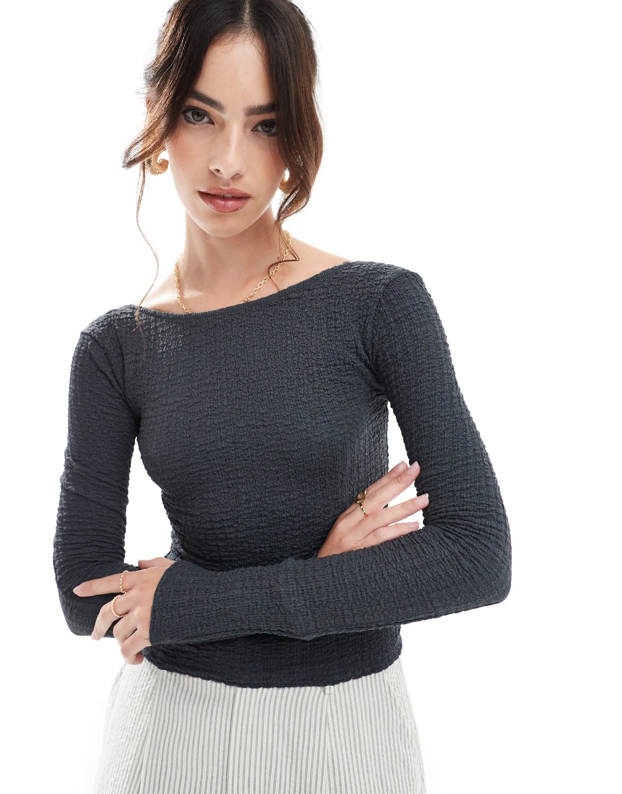 Pull&Bear textured open back long sleeve top in grey