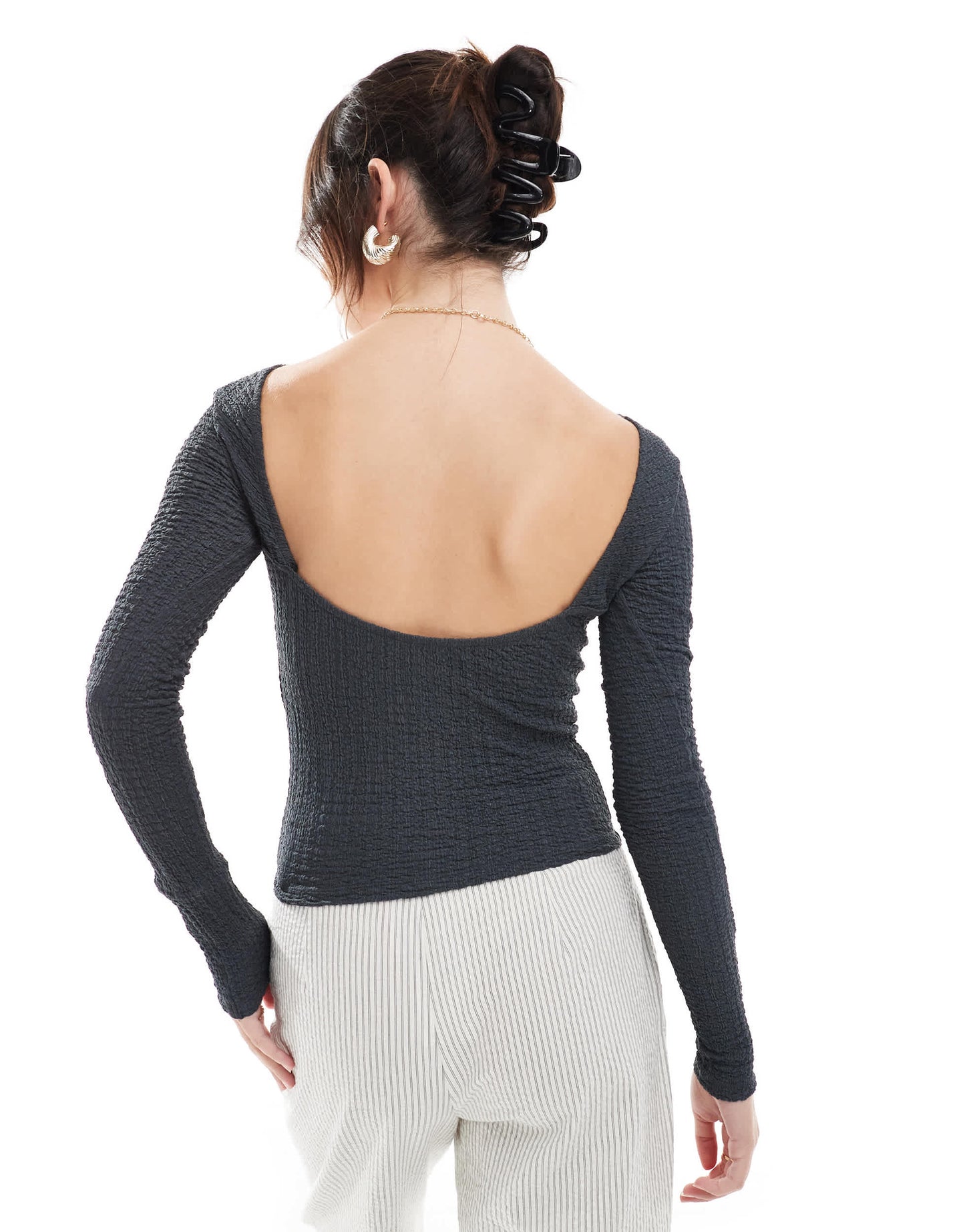 Pull&Bear textured open back long sleeve top in grey