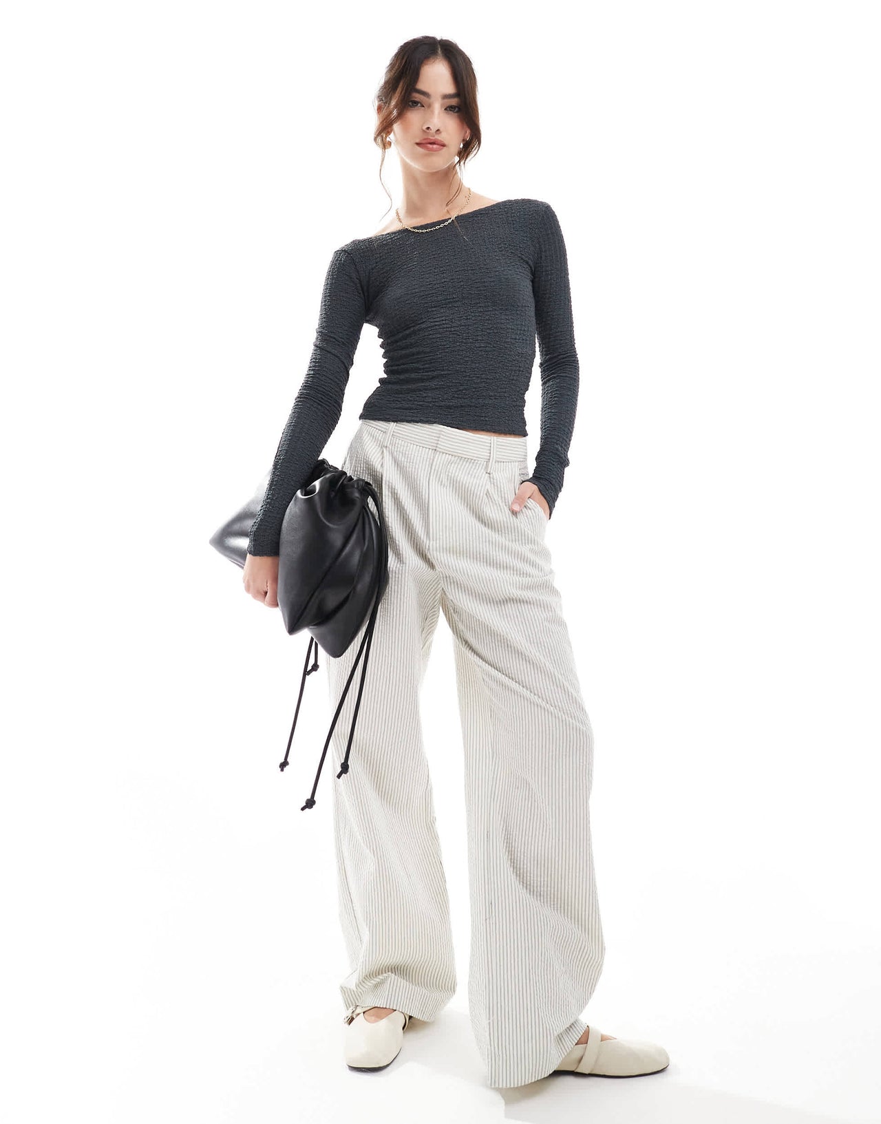 Pull&Bear textured open back long sleeve top in grey