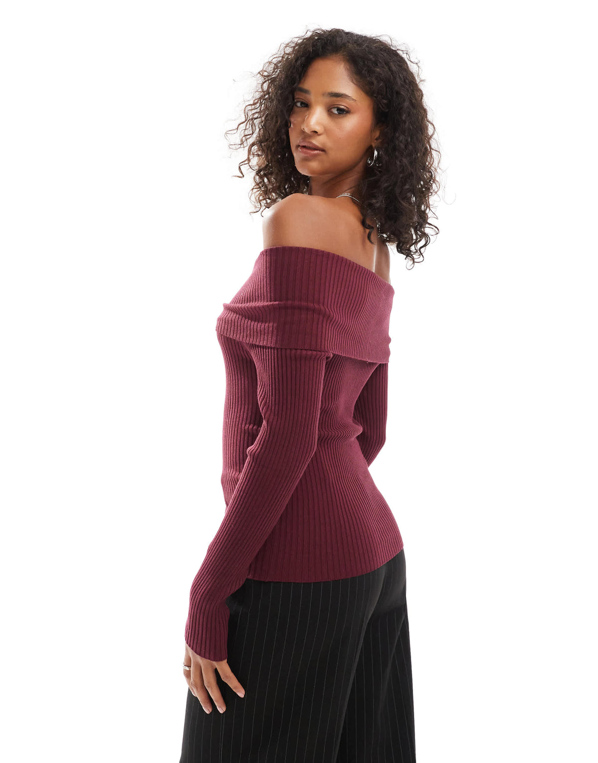 Pull&Bear ribbed bardot jumper with button detail in deep burgundy