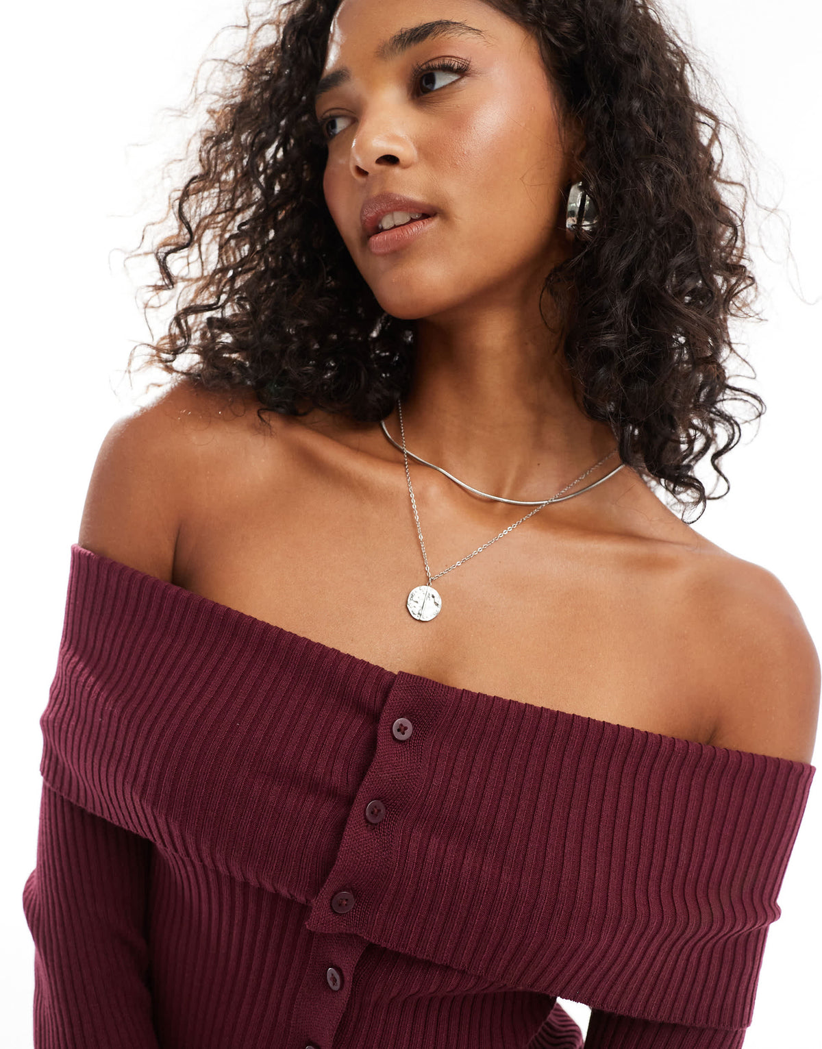 Pull&Bear ribbed bardot jumper with button detail in deep burgundy