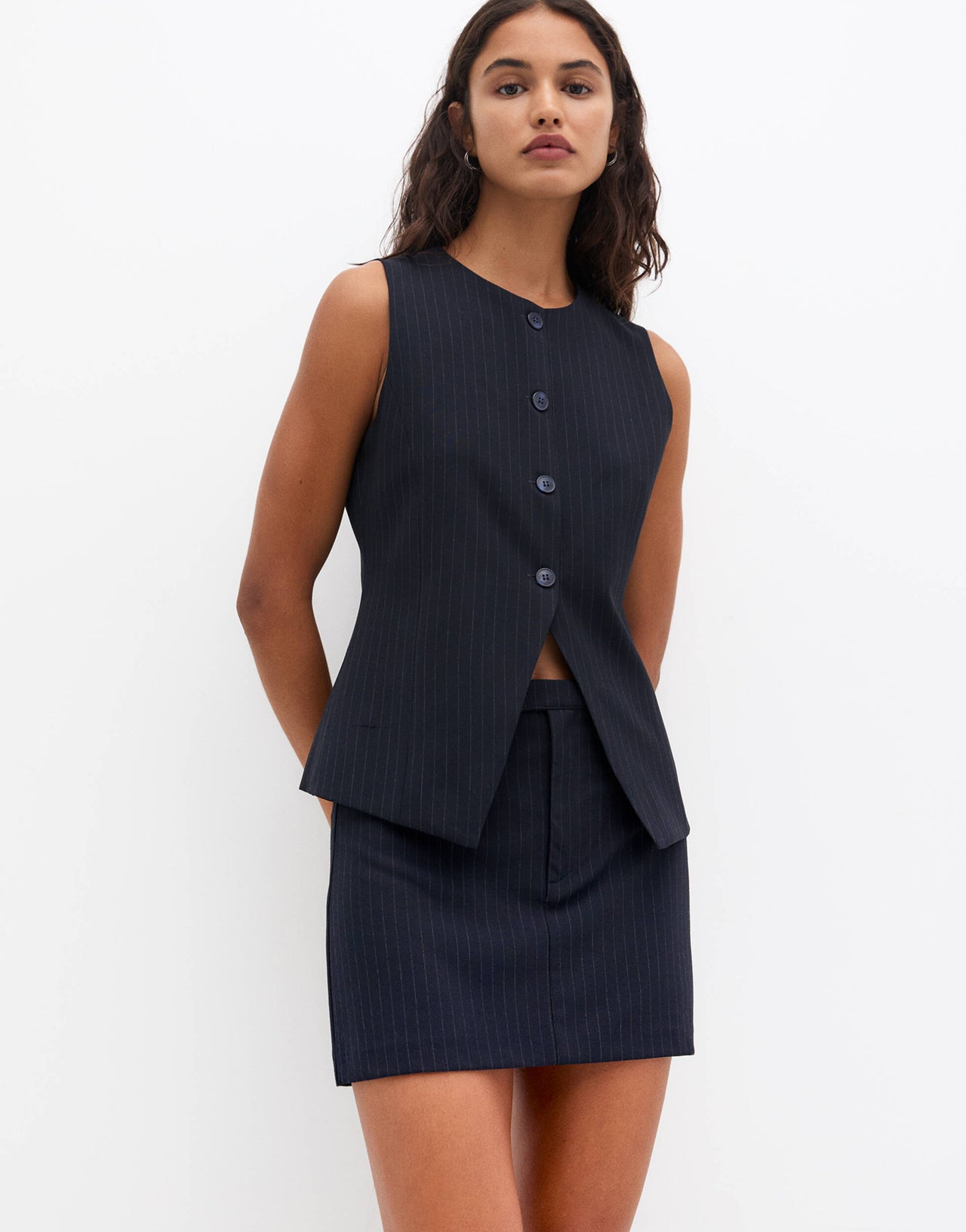 Pull&Bear longline tailored waistcoat co-ord in navy pinstripe