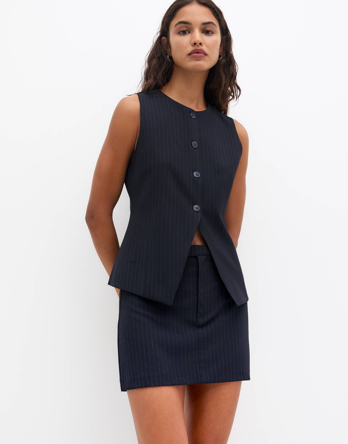 Pull&Bear longline tailored waistcoat co-ord in navy pinstripe