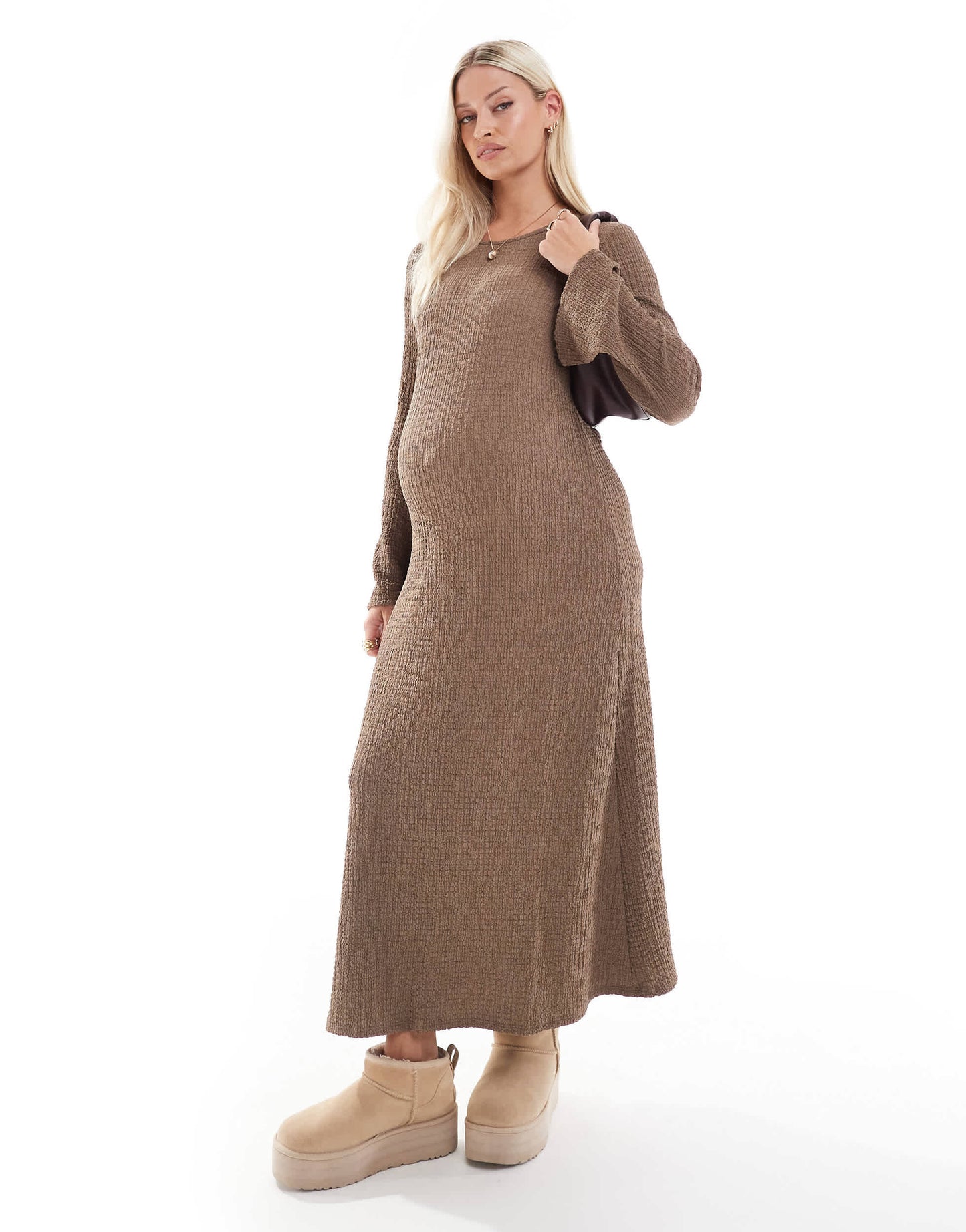 Mamalicious Maternity textured maxi dress with flared sleeve in taupe