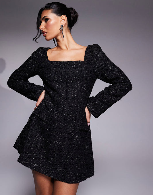 In The Style x Hannah Brown structured boucle square neck tailored pocket detail mini dress in black