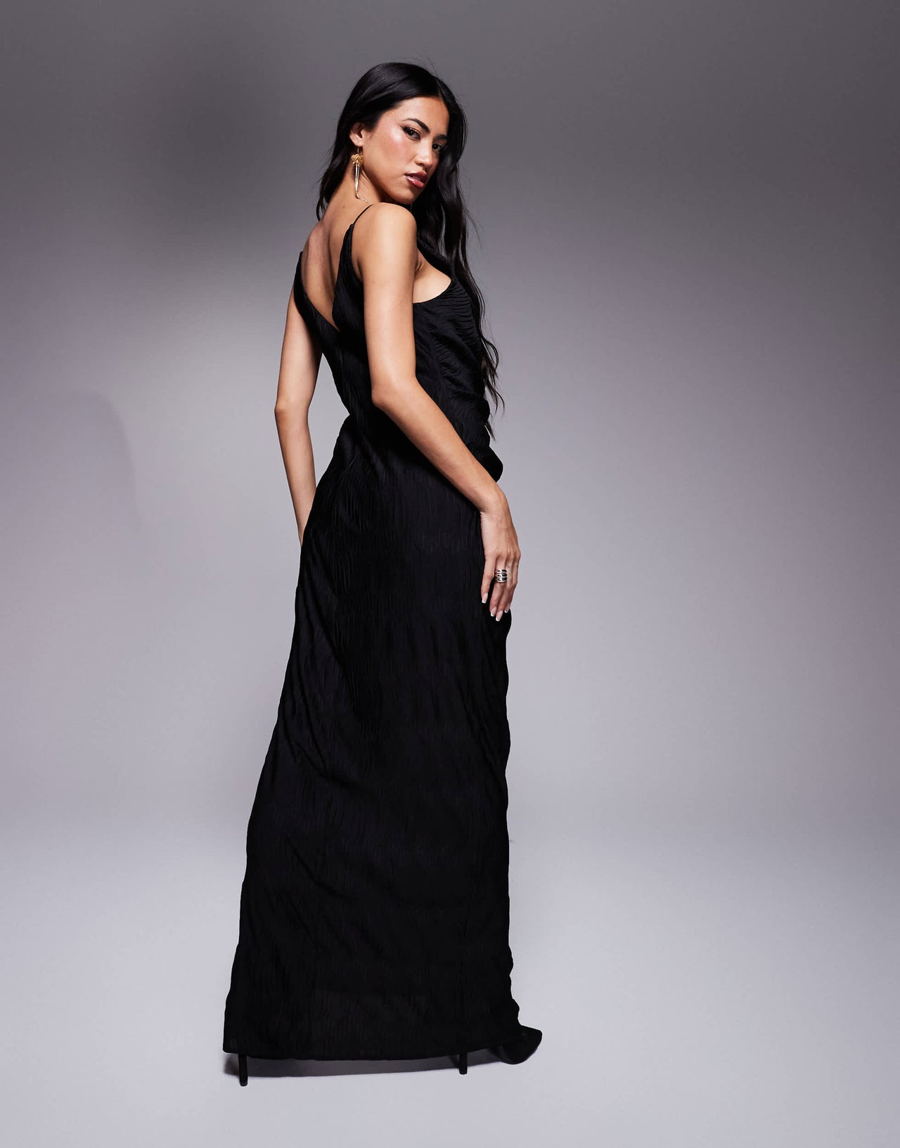 ASOS DESIGN plisse cami maxi dress with waterfall corsage ruffle in black