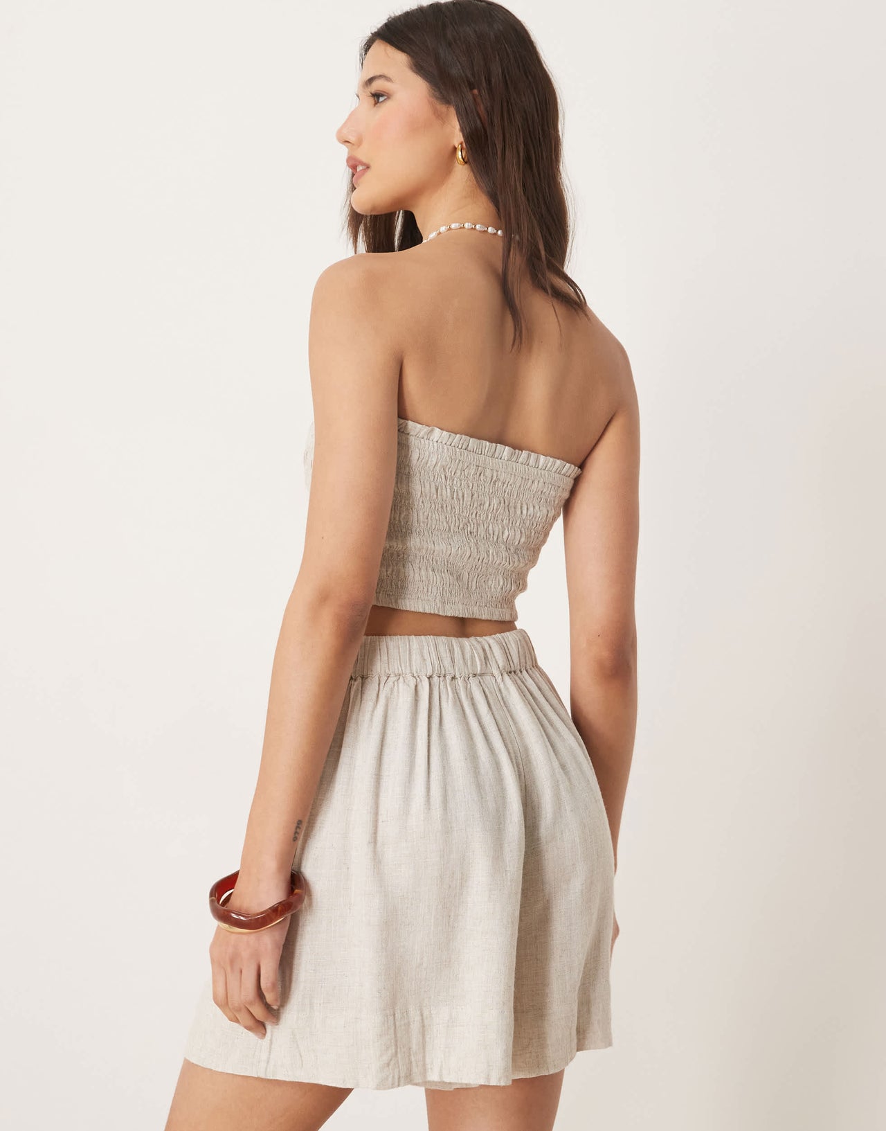 ASOS DESIGN Isabel mix & match linen blend shirred bandeau beach top in natural