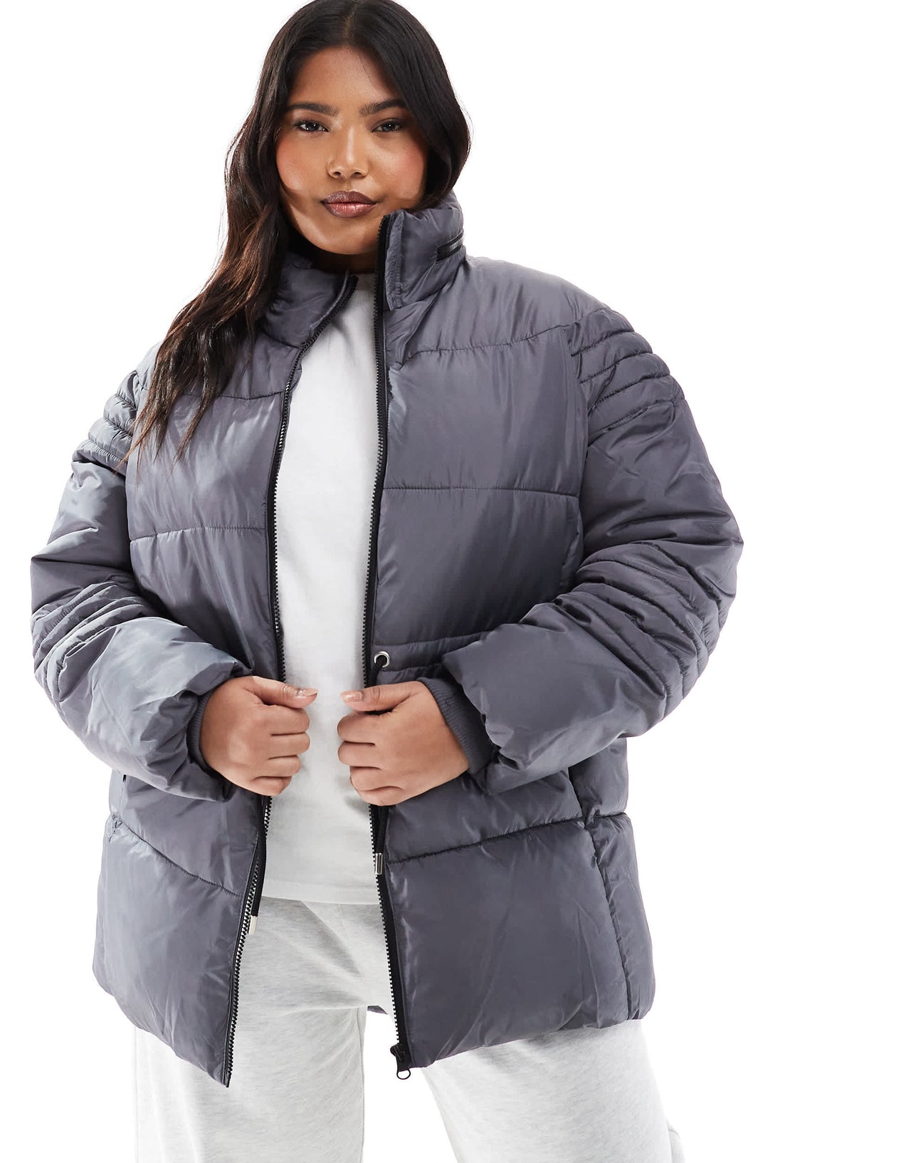 Yours padded jacket with dip hem in grey