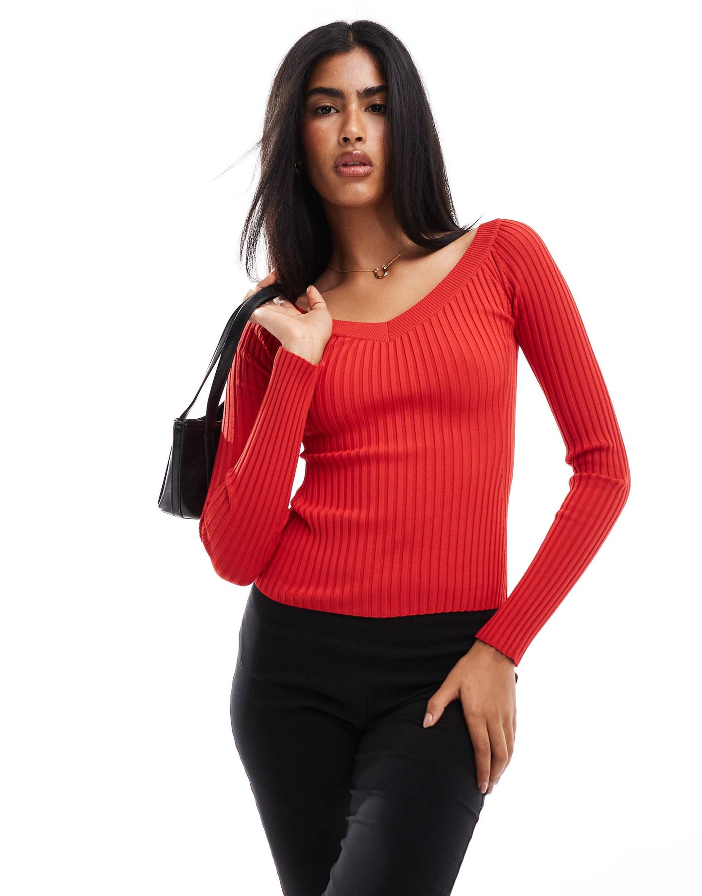 Pull&Bear dipped neckline ribbed knit jumper in red