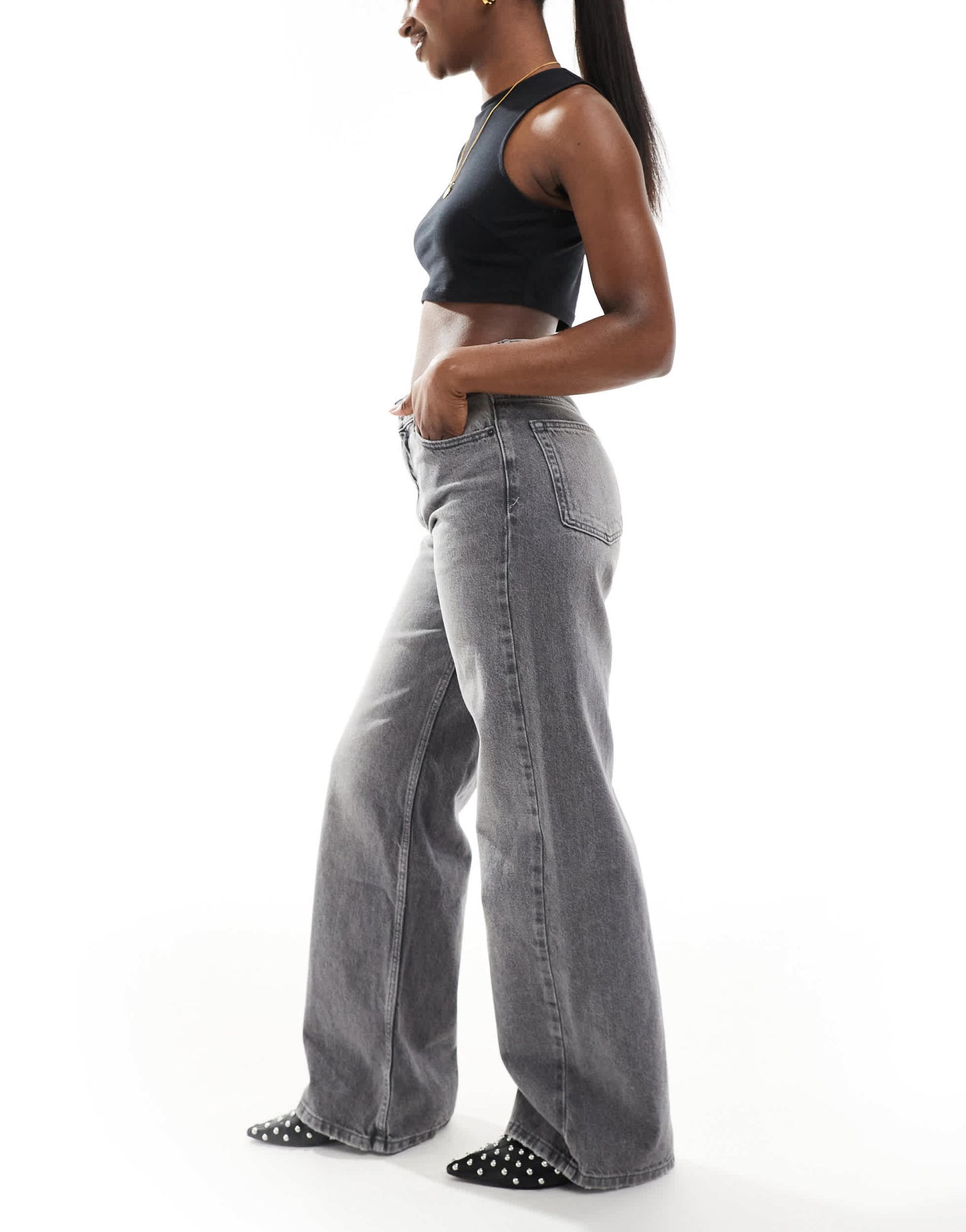 Pull&Bear high rise wide leg jean in dark grey