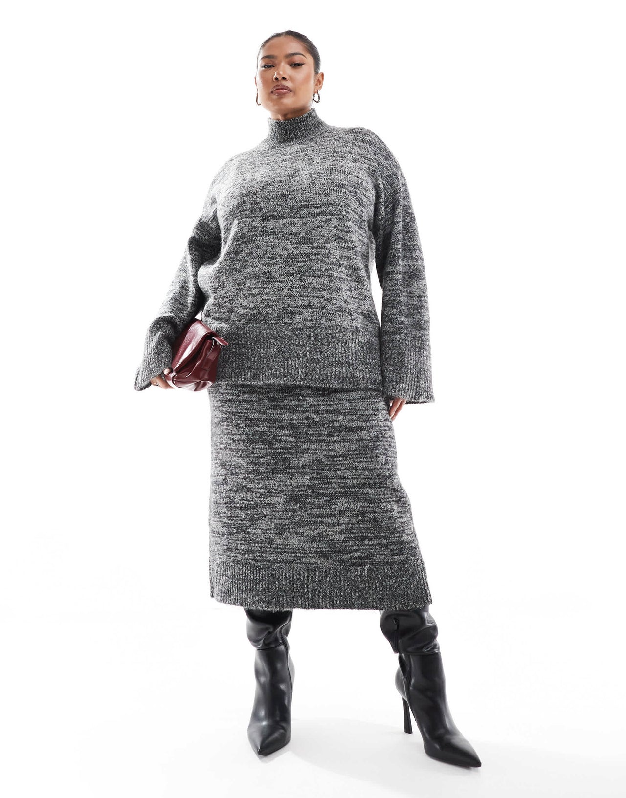 Vero Moda Curve knitted midi skirt co-ord in mono melange