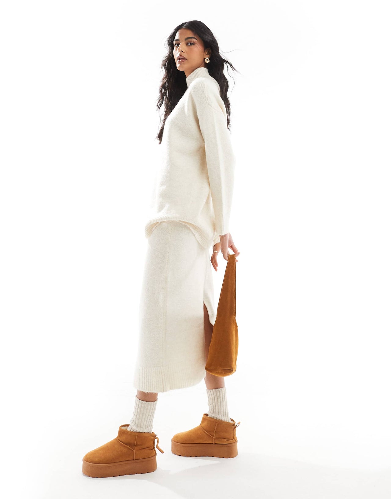 Vero Moda knitted midi skirt co-ord in cream melange