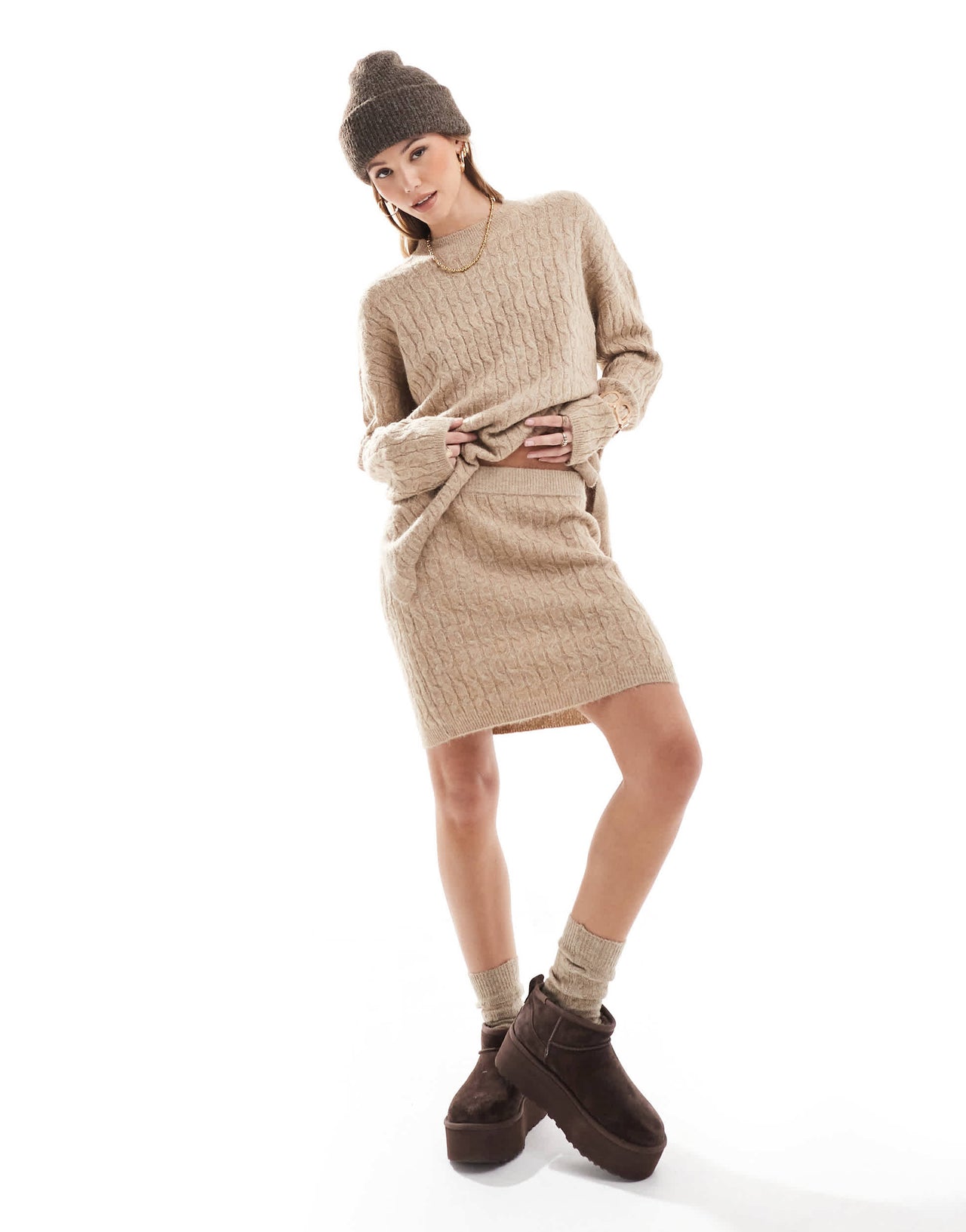 Vero Moda cable knit mini skirt co-ord in camel