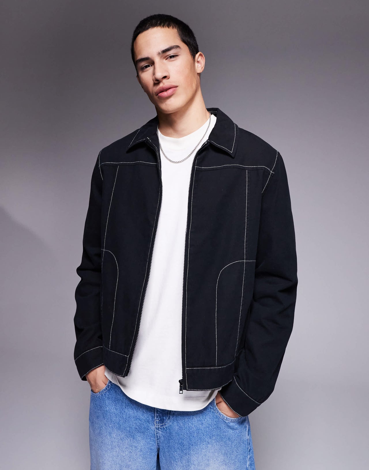 ASOS DESIGN washed cotton harrington jacket in black
