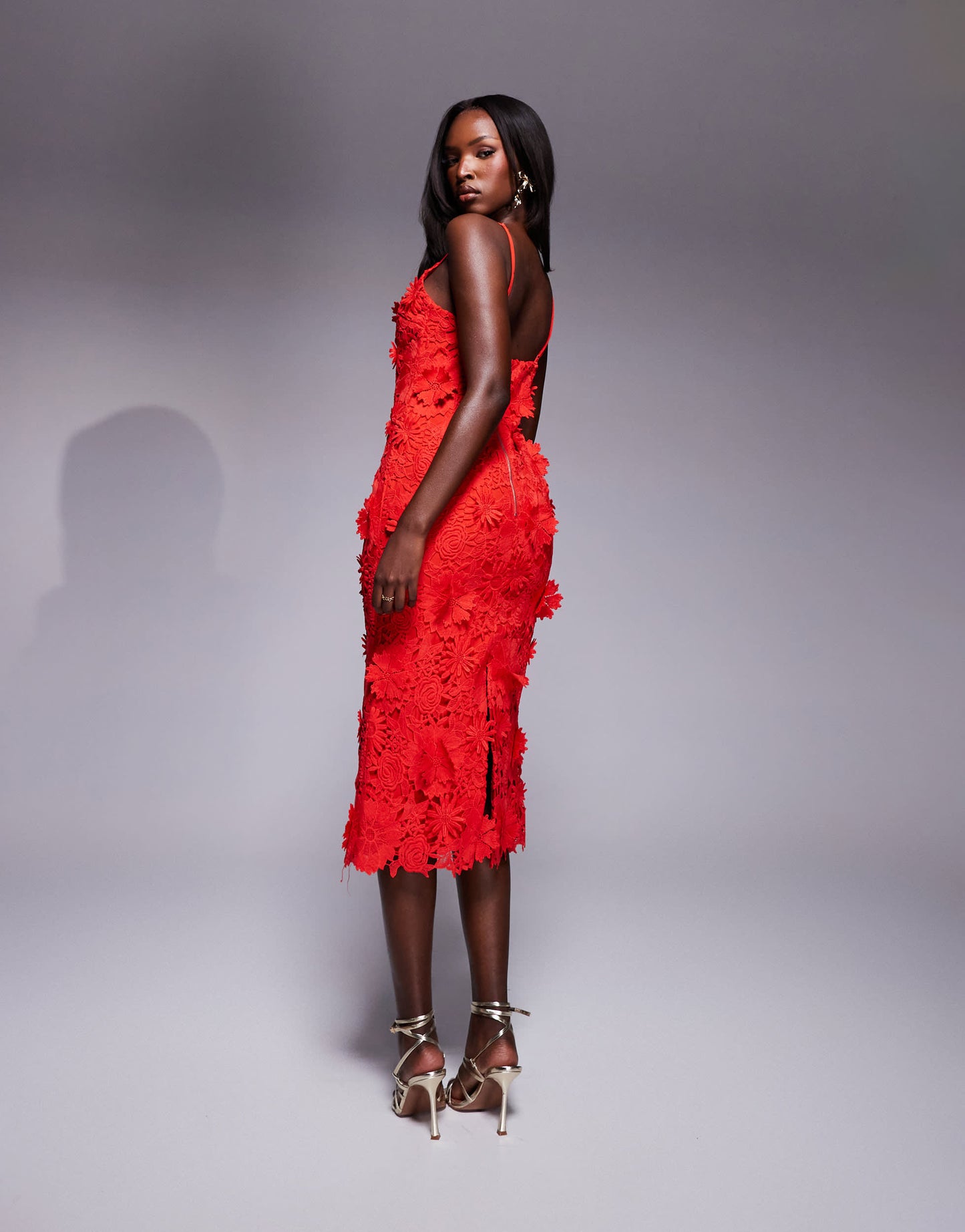 Bardot 3D lace midi dress in red