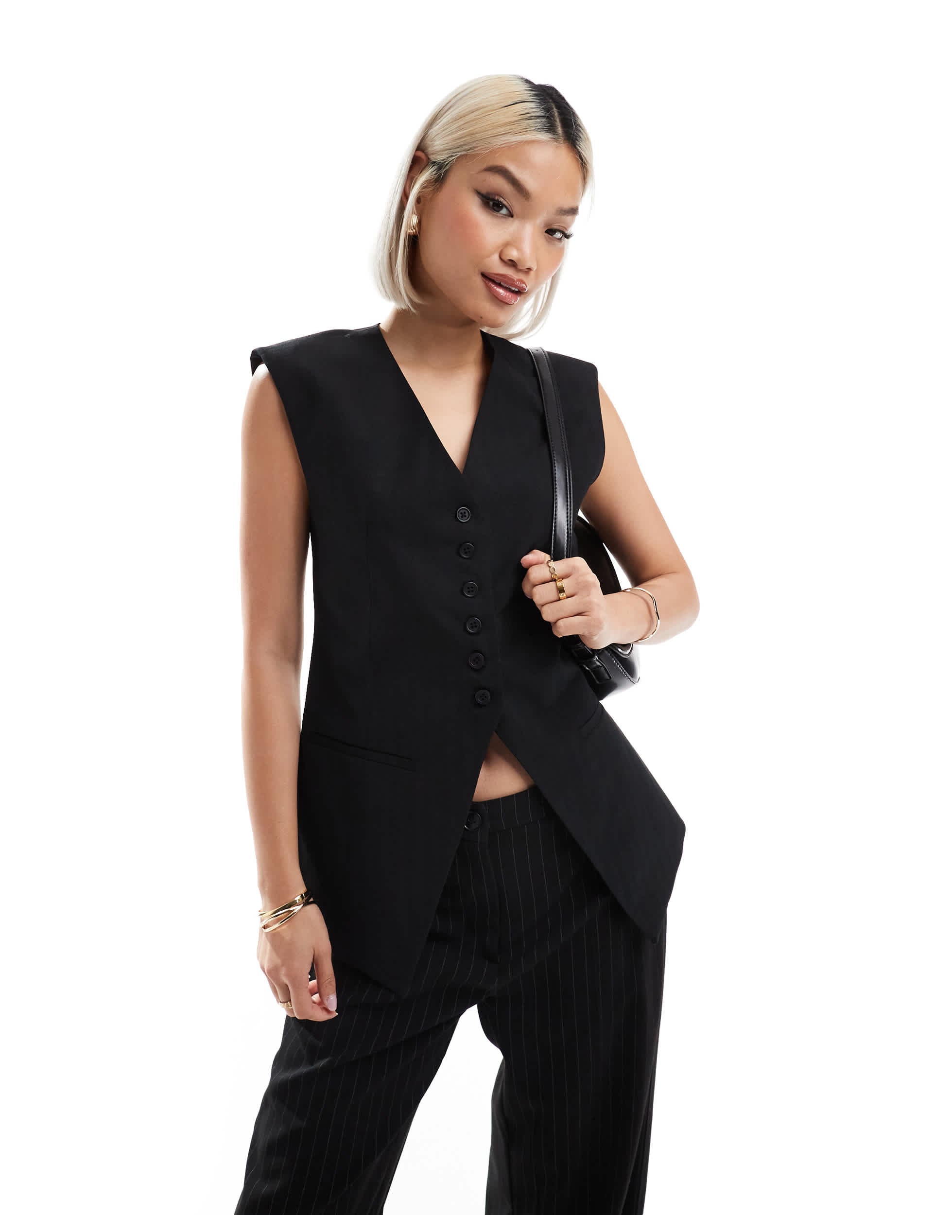 ASOS DESIGN longline exaggerated shoulder waistcoat in black