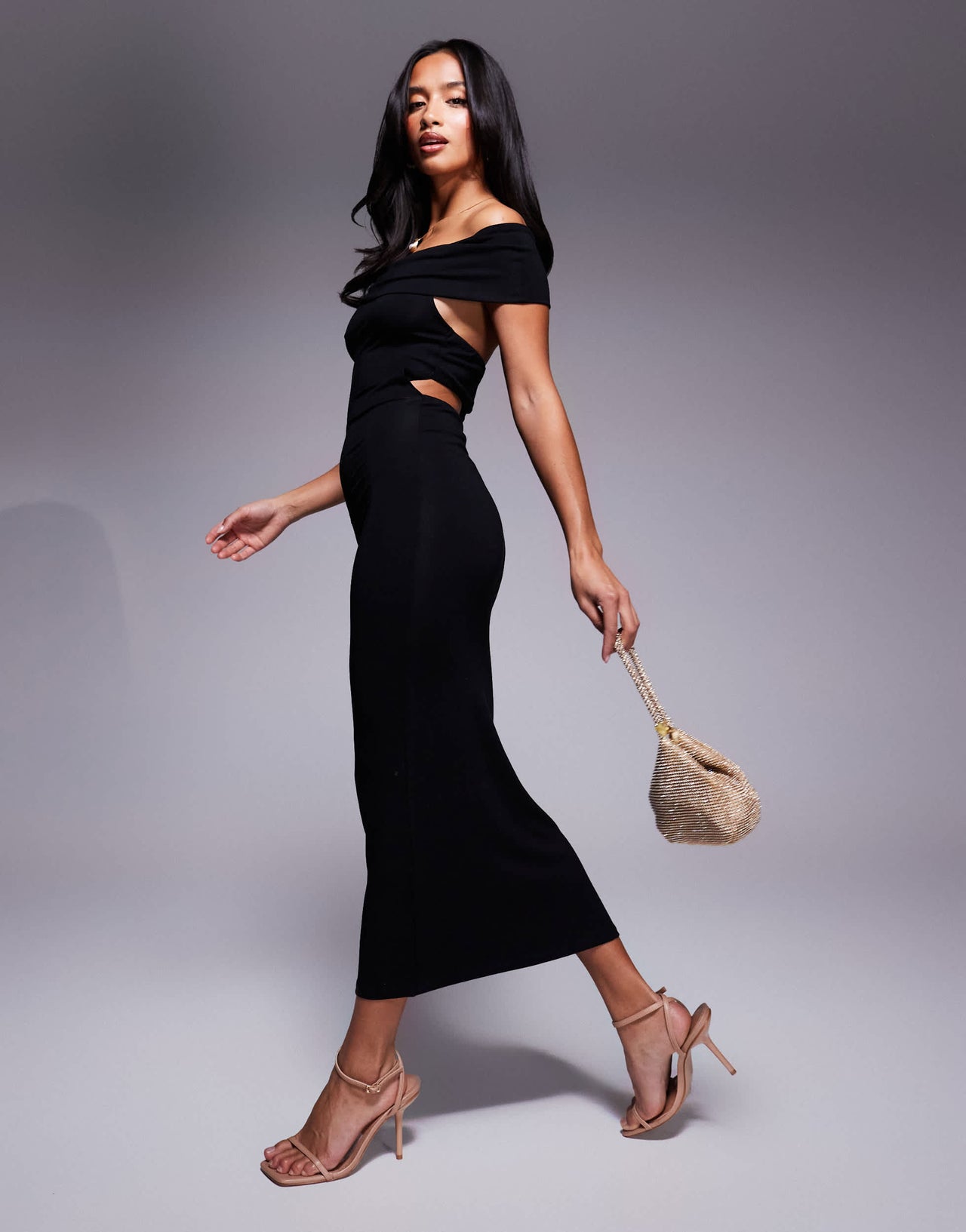 ASOS DESIGN Petite strappy back bardot midi dress in black