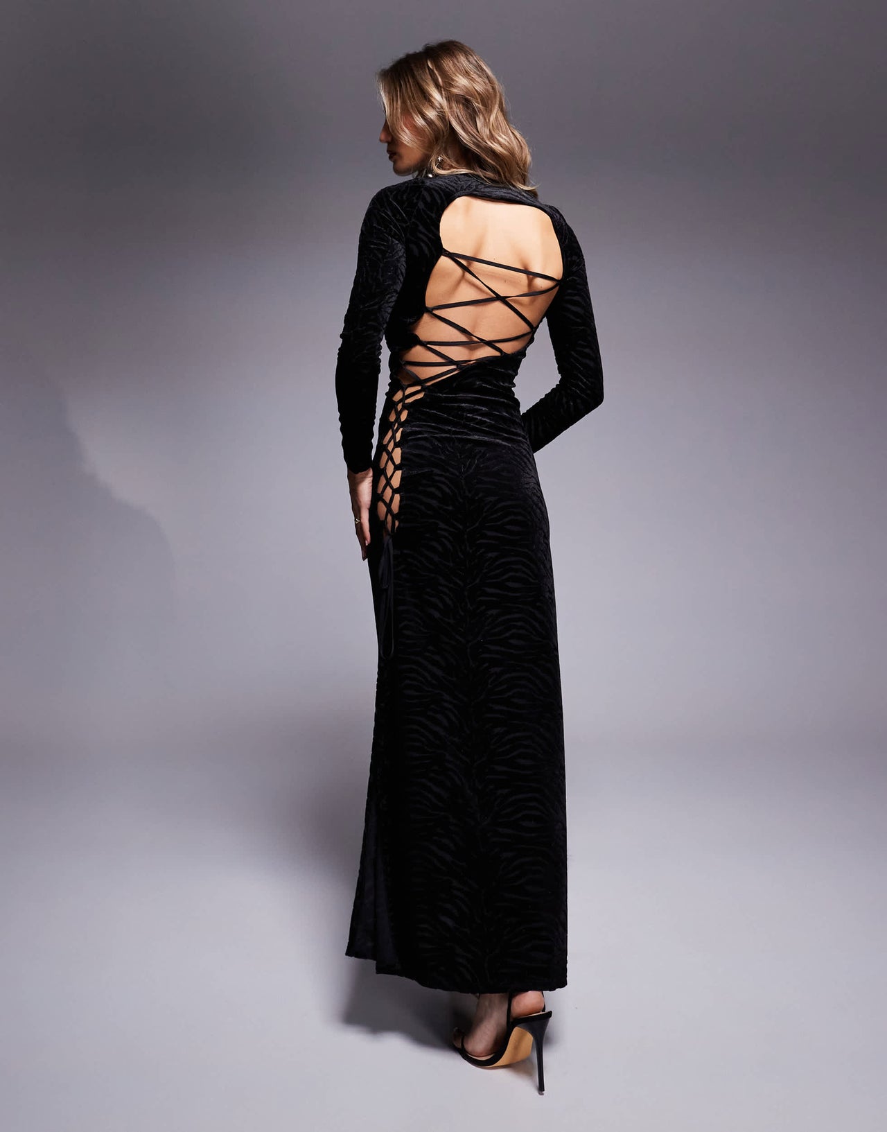 ASOS DESIGN long sleeve burnout maxi dress with extreme lace up side in black