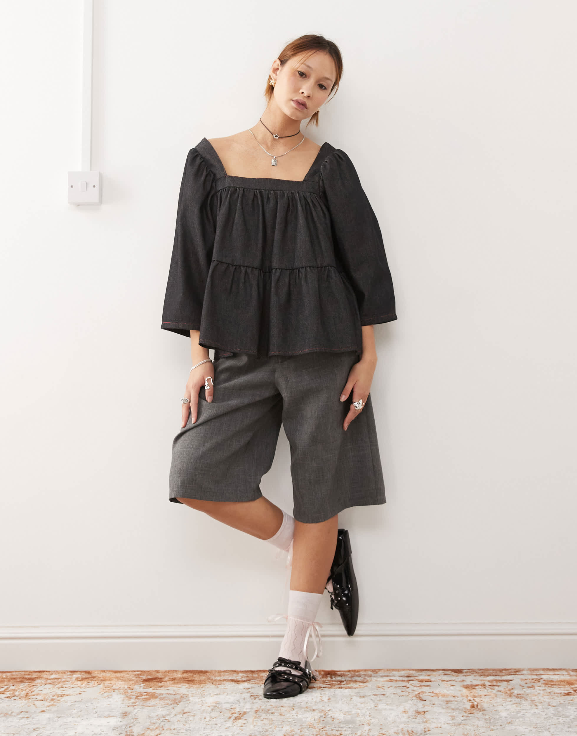 COLLUSION denim balloon sleeve peplum top in rinse wash