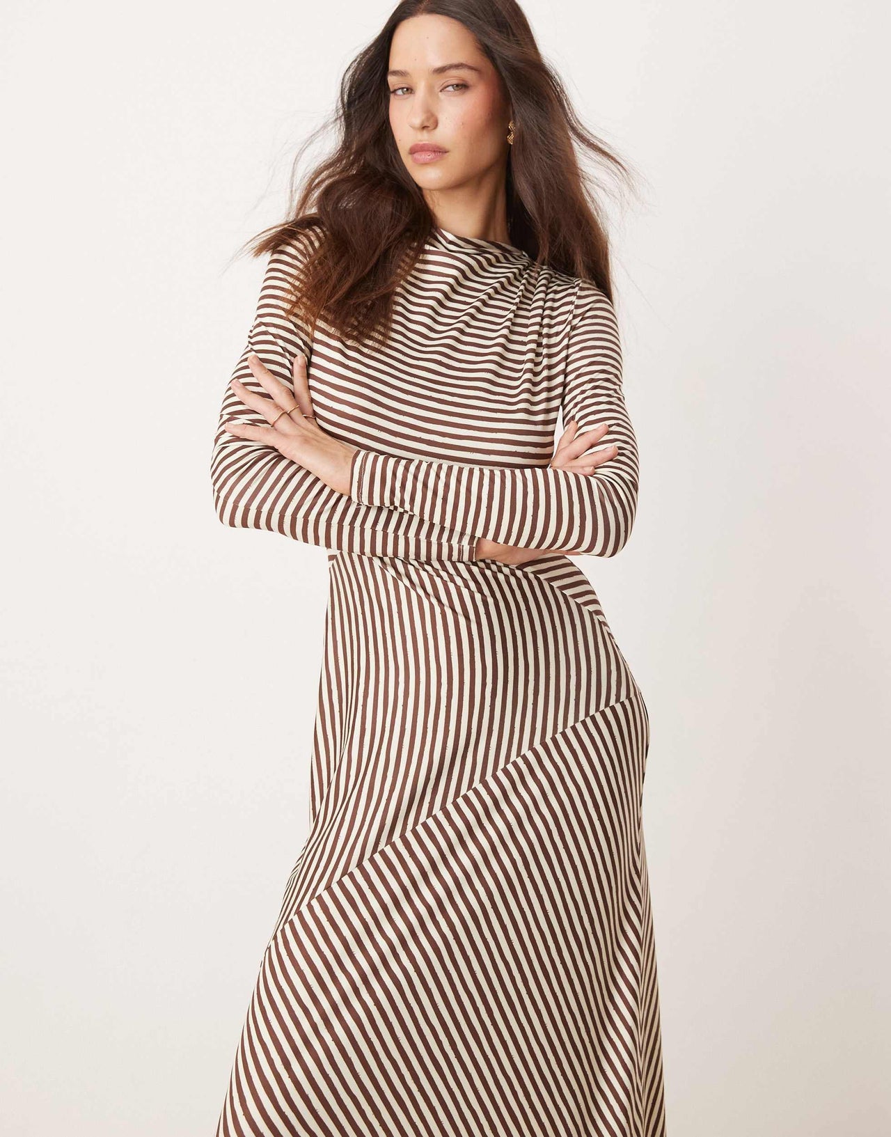 Pretty Lavish asymmetric stripe maxi dress in brown