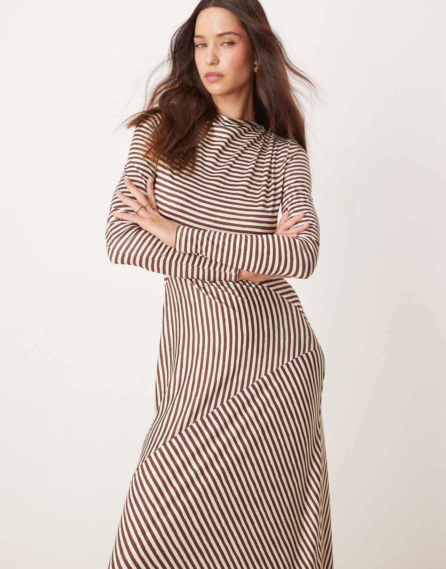 Pretty Lavish asymmetric stripe maxi dress in brown