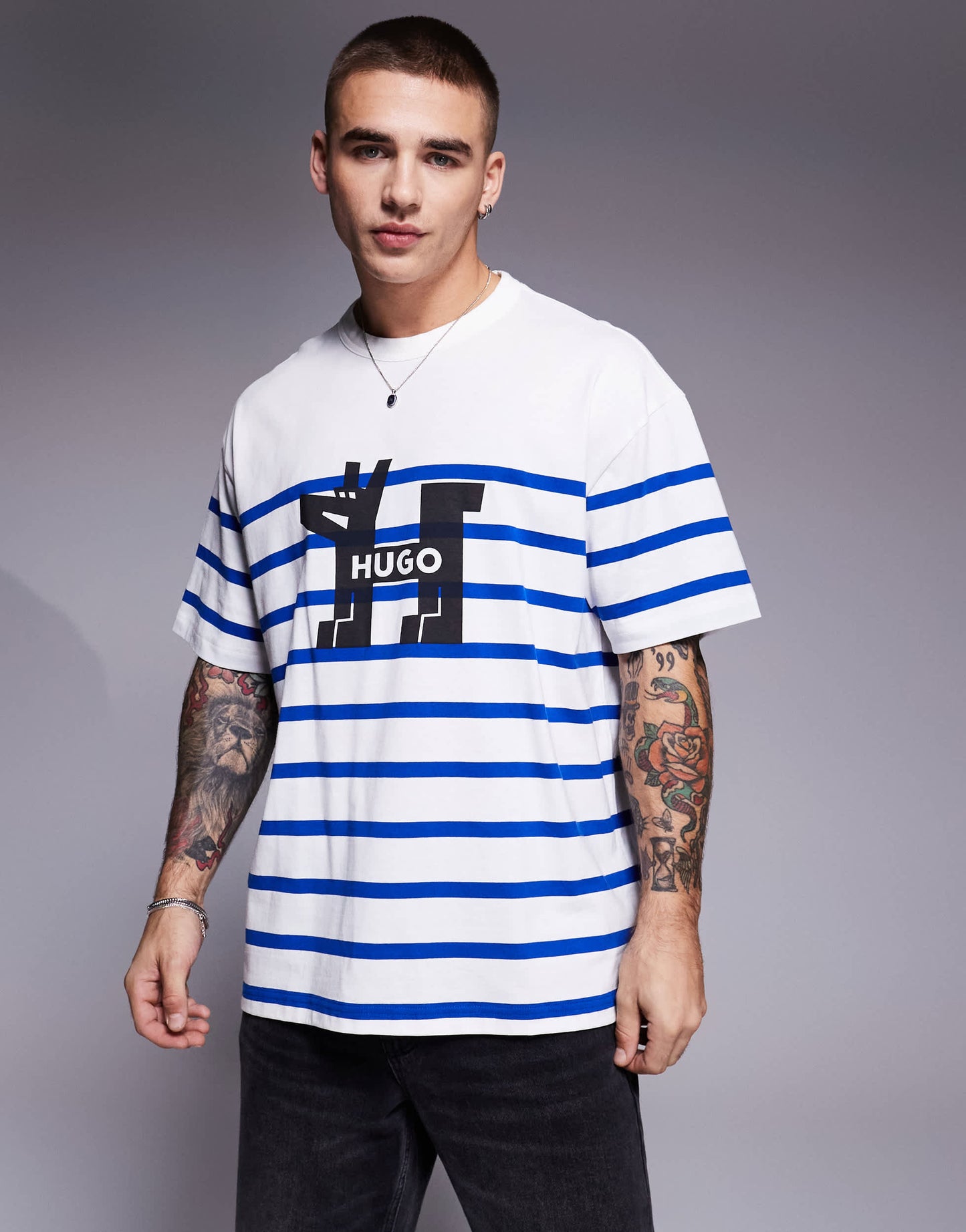 HUGO BLUE Nolastripe loose fit striped logo t-shirt in white and blue
