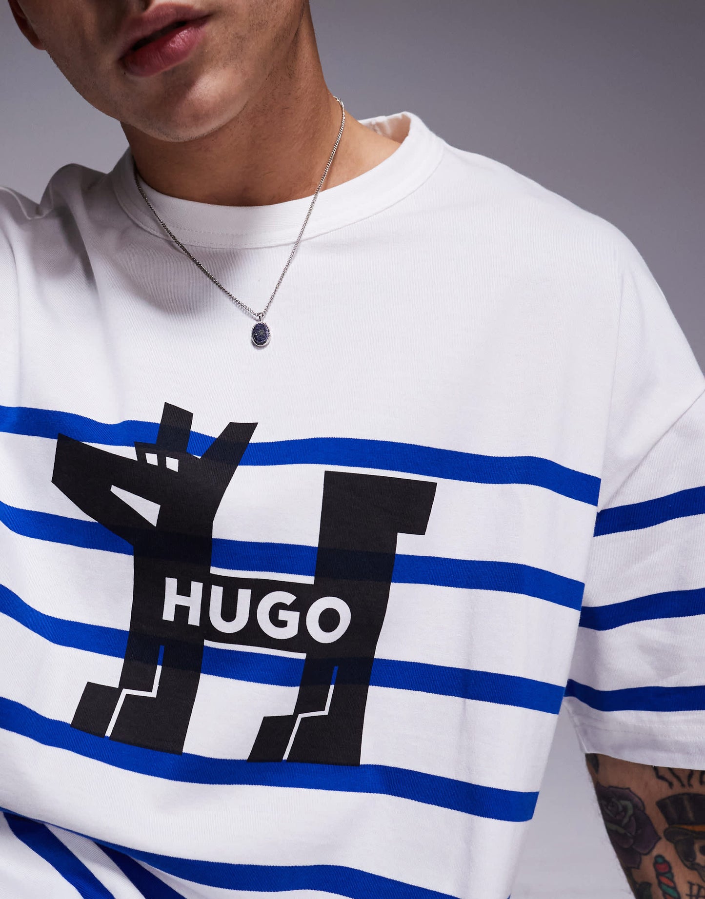 HUGO BLUE Nolastripe loose fit striped logo t-shirt in white and blue