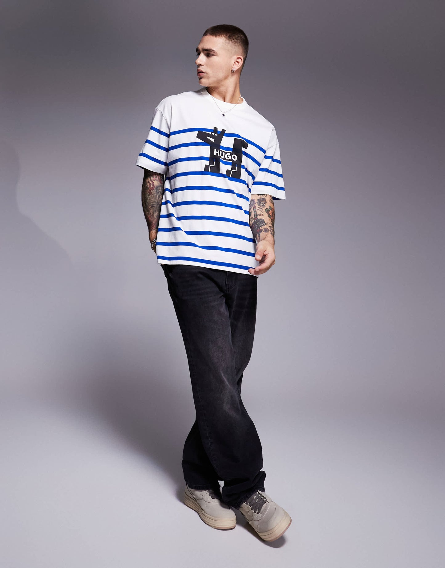 HUGO BLUE Nolastripe loose fit striped logo t-shirt in white and blue