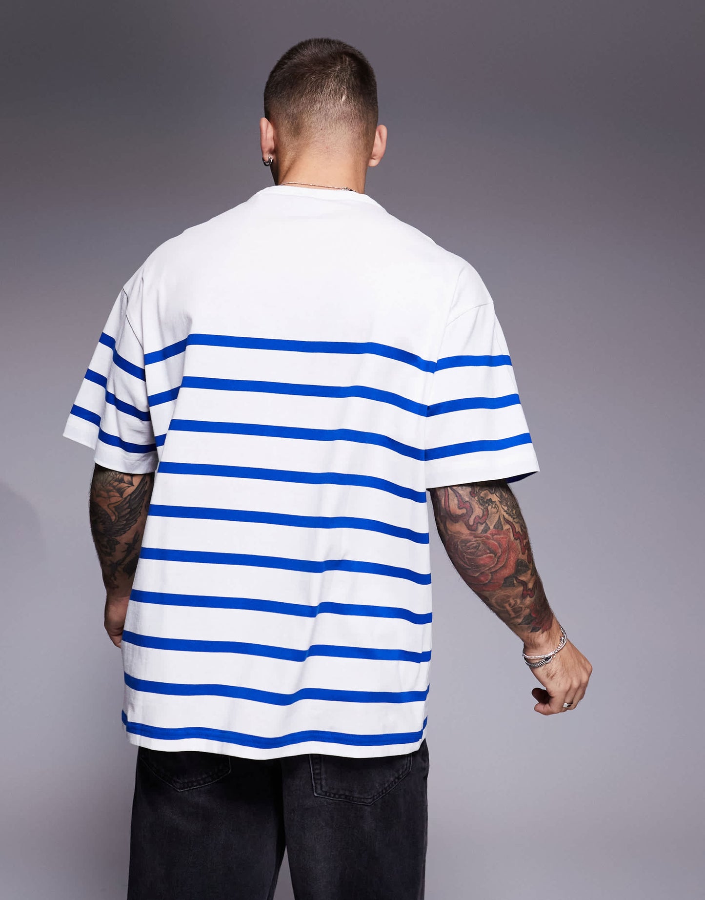 HUGO BLUE Nolastripe loose fit striped logo t-shirt in white and blue
