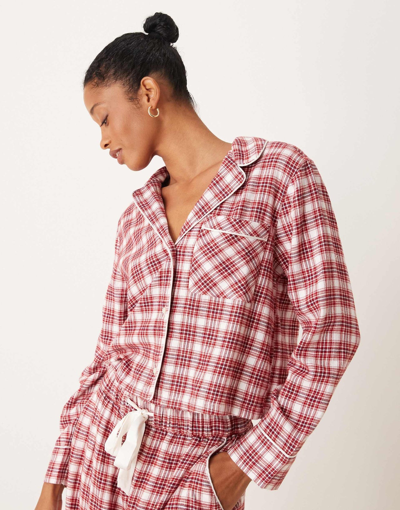 Abercrombie & Fitch co-ord cropped pyjama shirt in red and green tartan