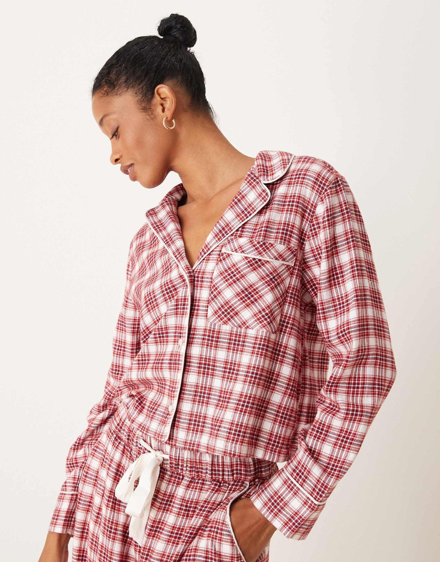 Abercrombie & Fitch co-ord cropped pyjama shirt in red and green tartan