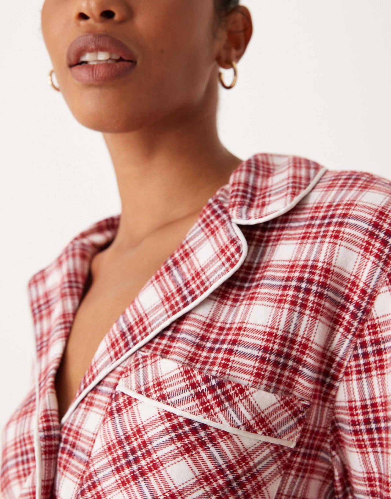 Abercrombie & Fitch co-ord cropped pyjama shirt in red and green tartan
